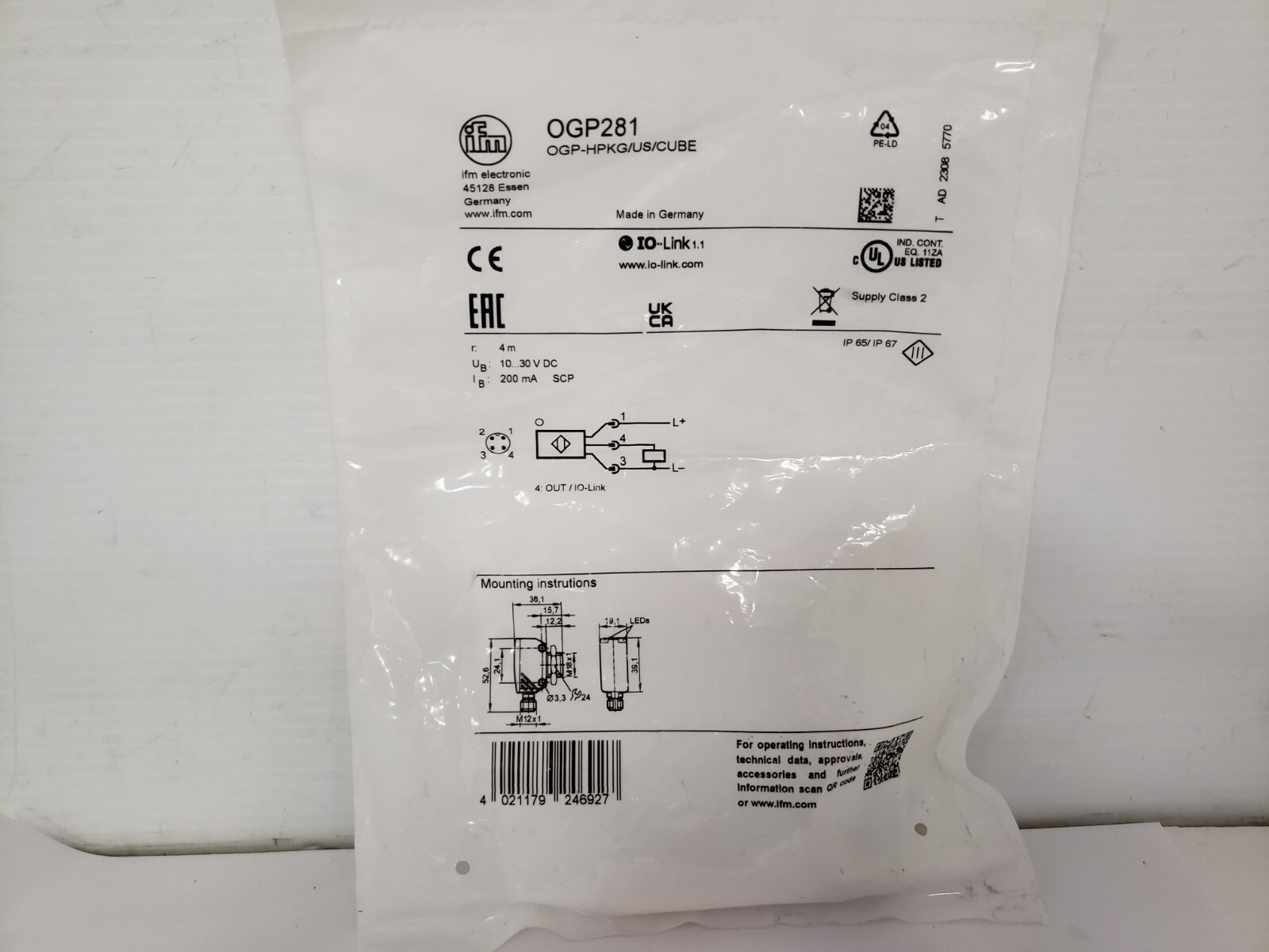 IFM ELECTRONIC OGP-HPKG/US/CUBE RETRO-REFLECTIVE SENSOR 10-30V DC (OGP281) NIB