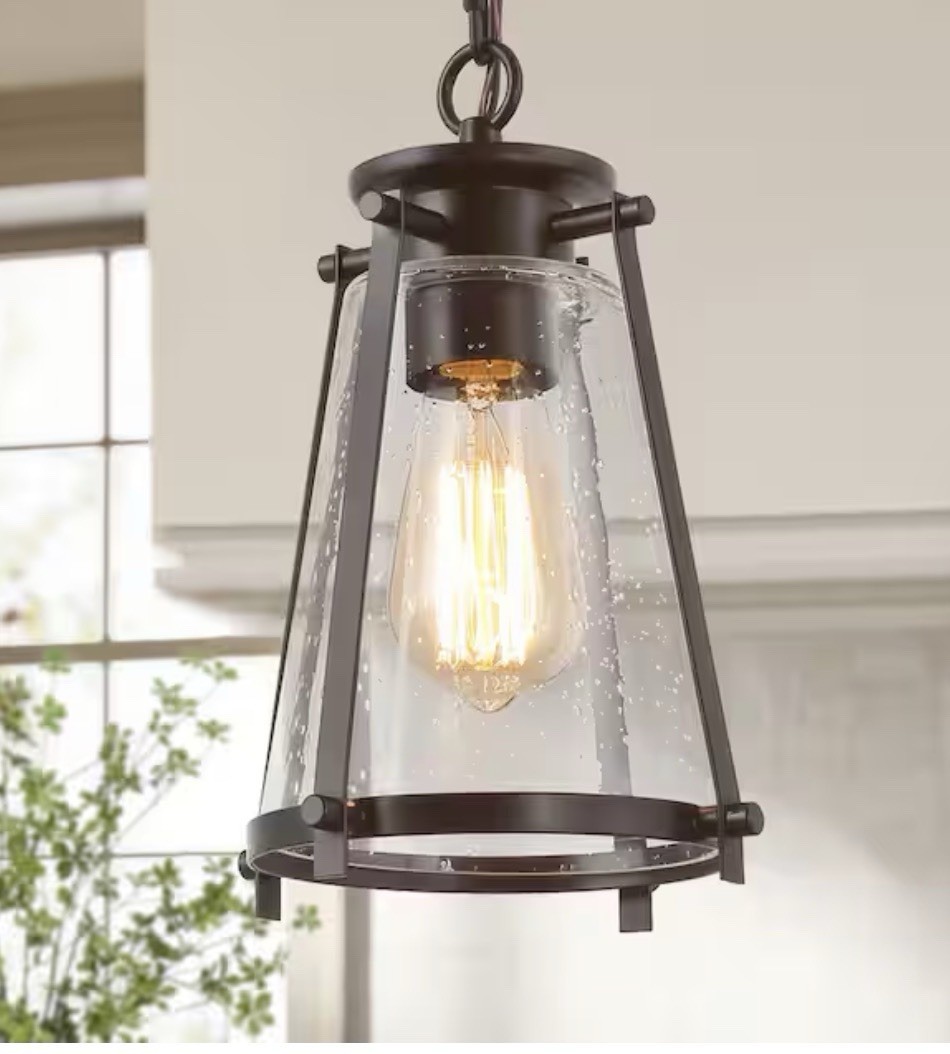 LNC A03628 Farmhouse 1-Light Oil Rubbed Bronze Seeded Glass Pendant Light Open B