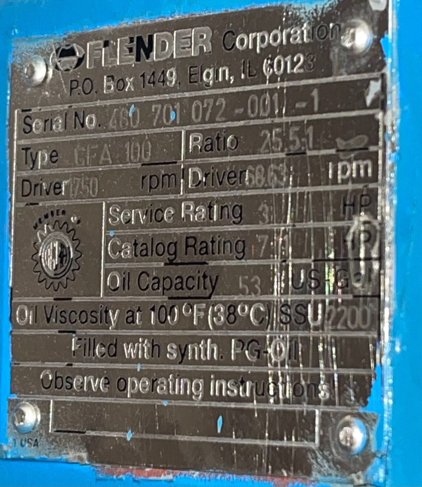 FLENDER TYPE CFA 100 1750 RPM GEARBOX 25.5:1 1750 RPM