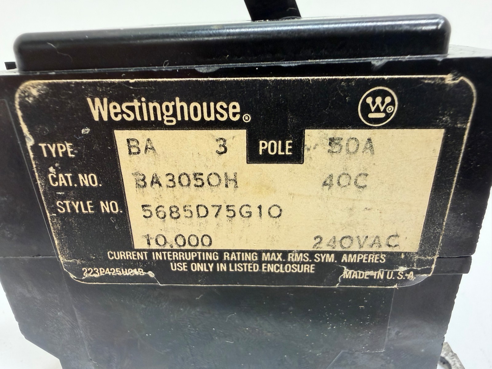 GOOD USED! WESTINGHOUSE 50A 240V 3P CIRCUIT BREAKER BA3050H