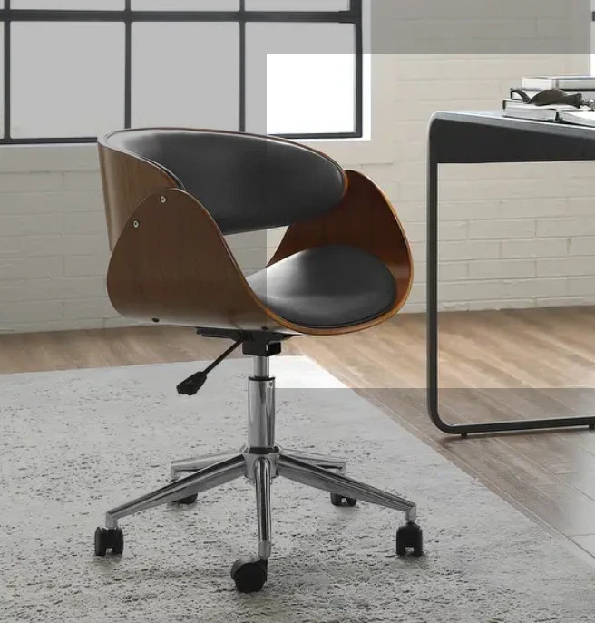 Mid-century Modern Office Chair Adjustable Black Upholstered Swivel Wood Metal