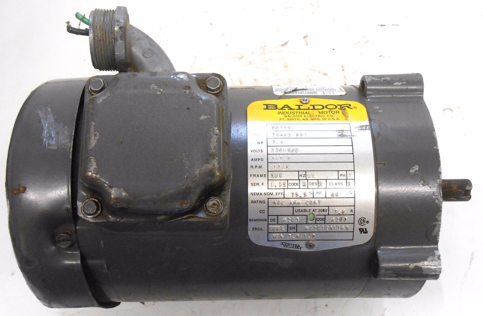 BALDOR INDUSTRIAL MOTOR, VM3542, 34A63-883, 3/4 HP, 230/460 VOLTS, 3/1.5 AMPS