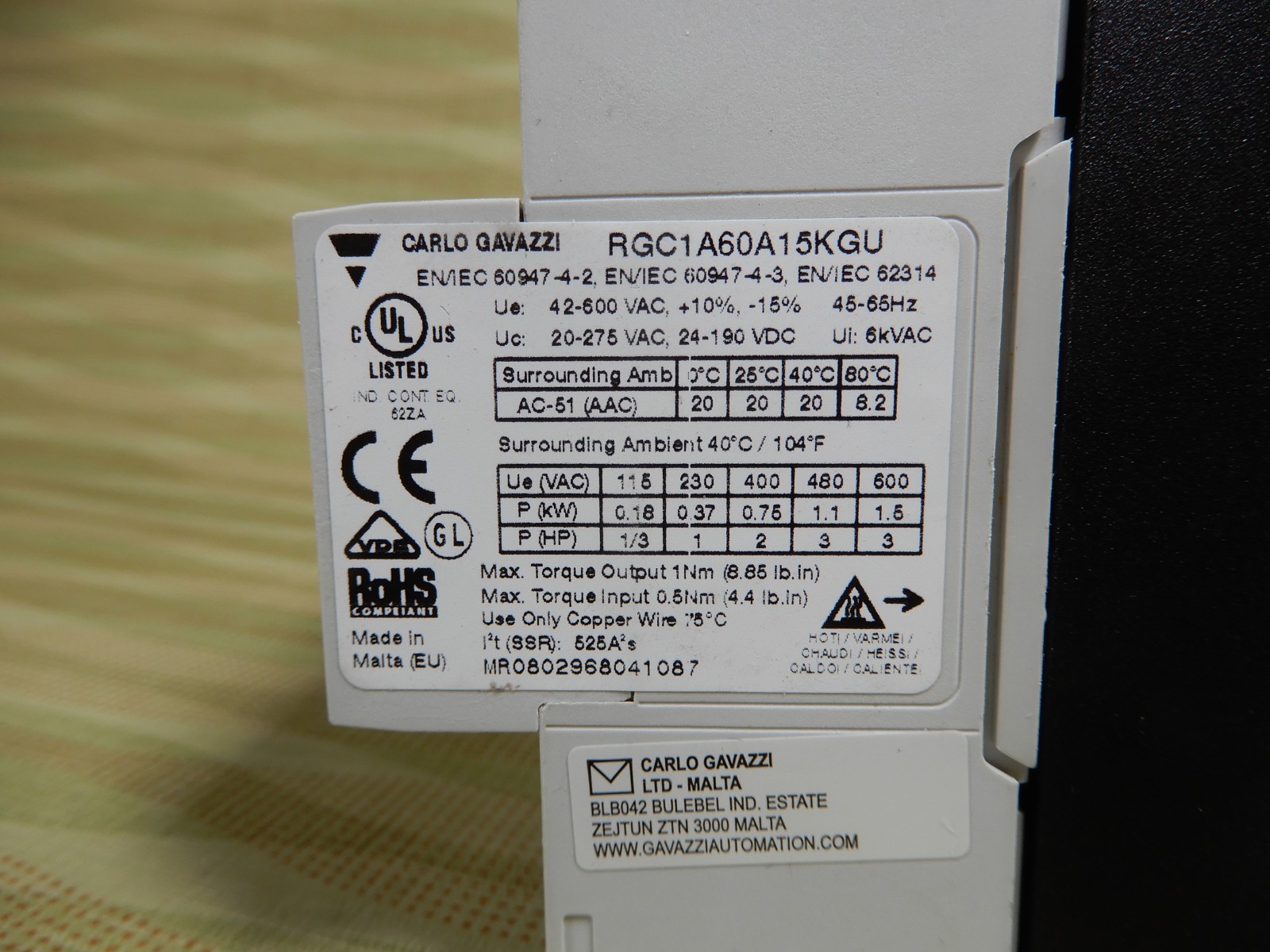 Carlo Gavazzi Din Mount Solid State Relays (3) RGC1A60A15KGU 20-275VAC In 20A BX