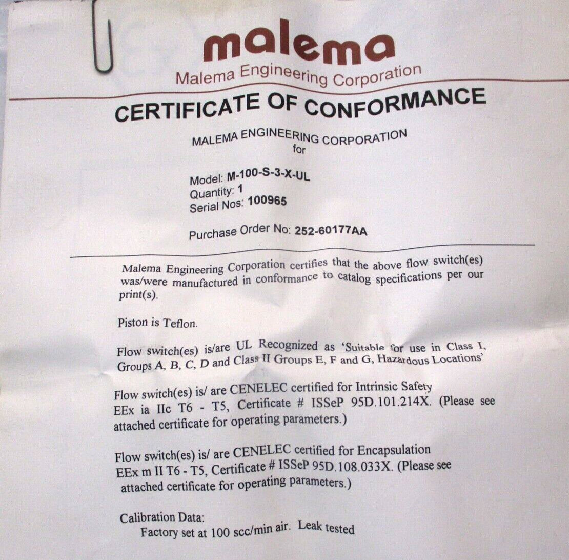 Malema M-100-S-3-X UL Recognized Adjustable Flow Switch A7236WVS