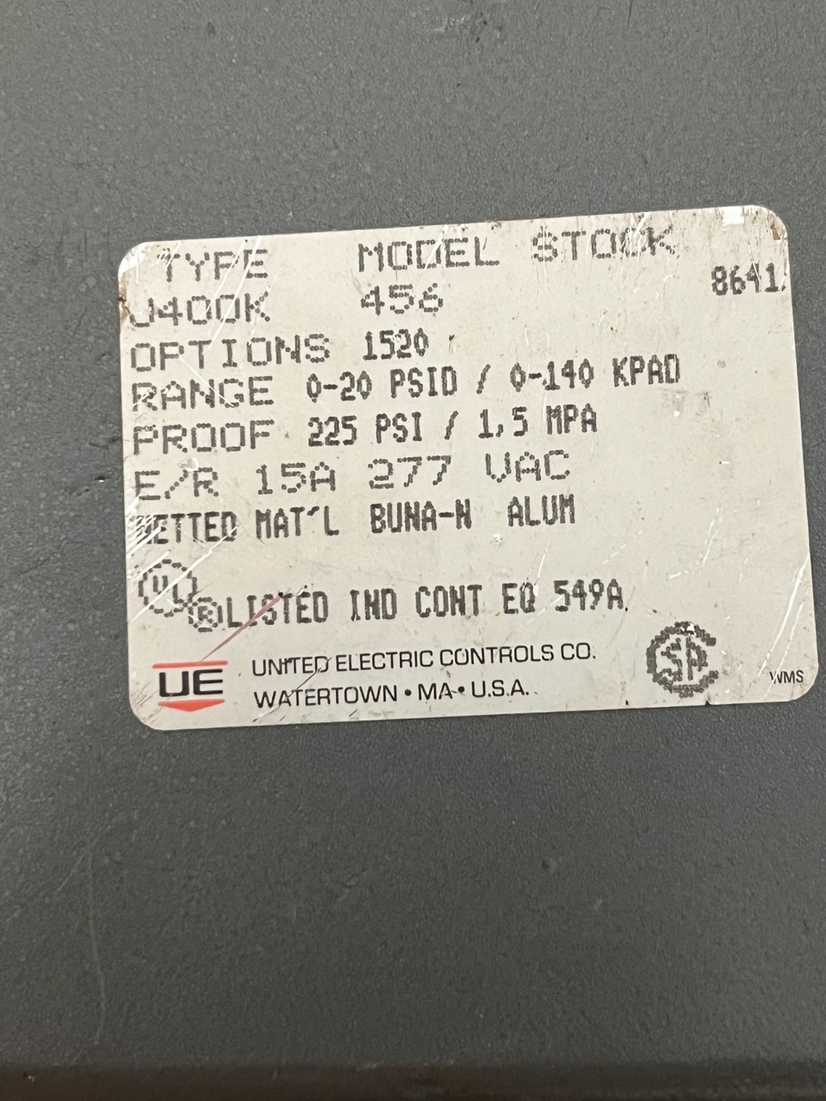 Differential Pressure Switch United Electric J400K-456, 15A 0/20PSID, 277 Vac