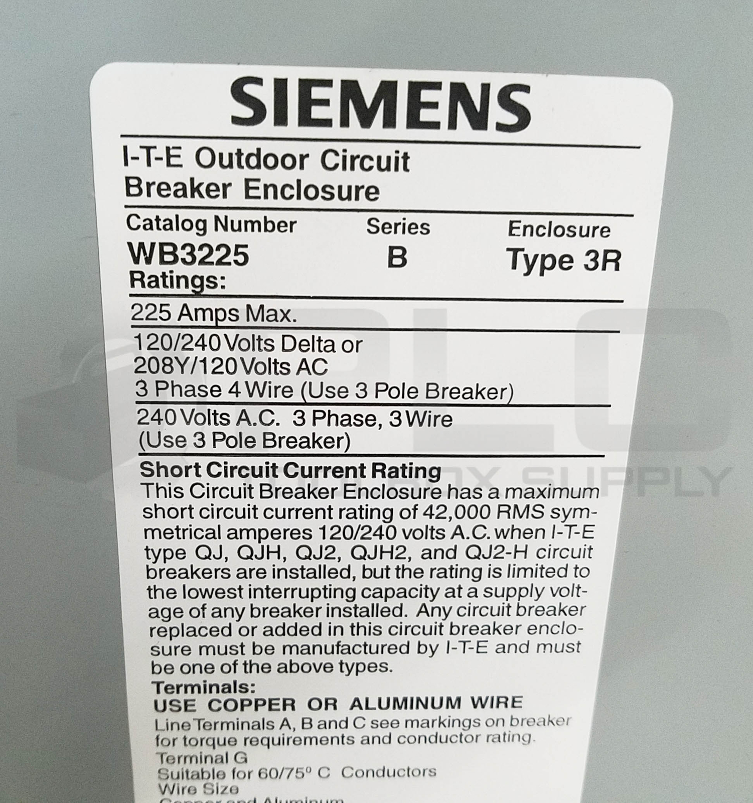 SIEMENS WB3225 /B TYPE 3R CIRCUIT BREAKER ENCLOSURE w/ QJ22B150 150AMP 2P