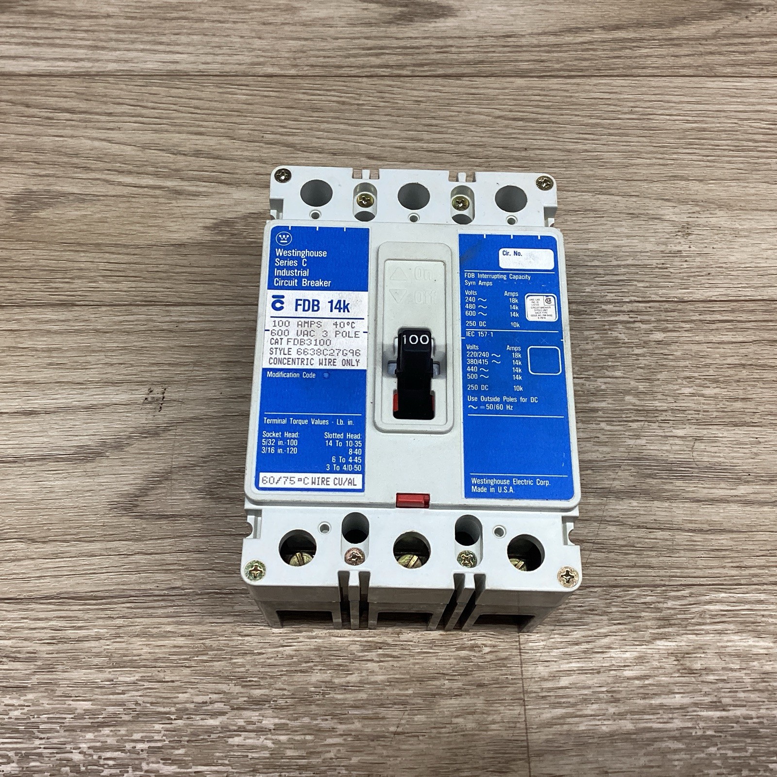 WESTINGHOUSE SER. C FDB 14K 100A 3P 600V FDB3100 CIRCUIT BREAKER #813D100PR6*CO
