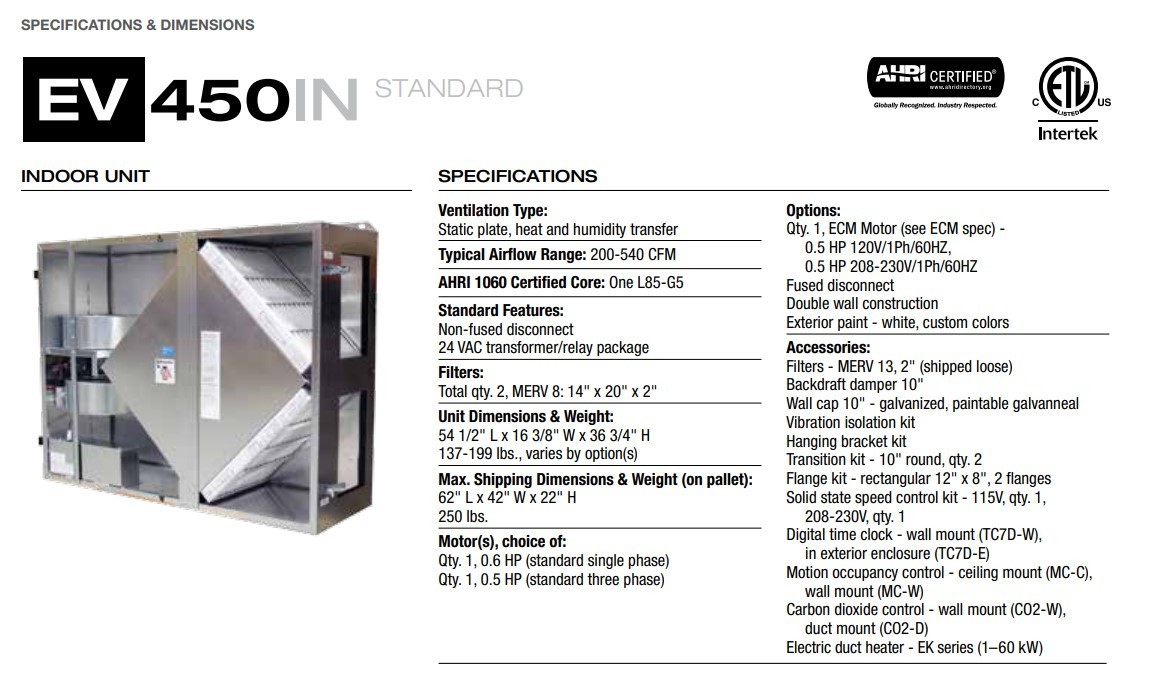 RenewAire EV450 Energy Recovery Ventilator