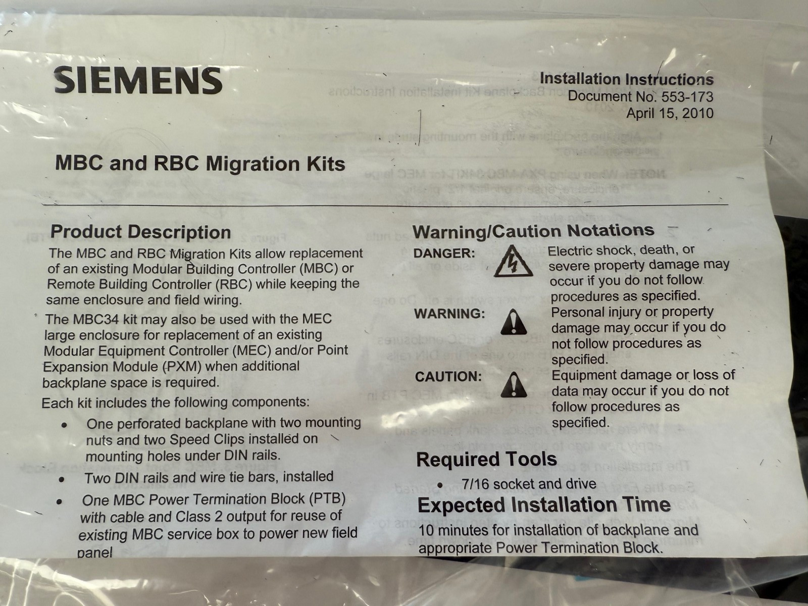 SIEMENS PXA-MBC24KIT MBC24 TO DIN MIGRATION KIT NEW OPEN BOX
