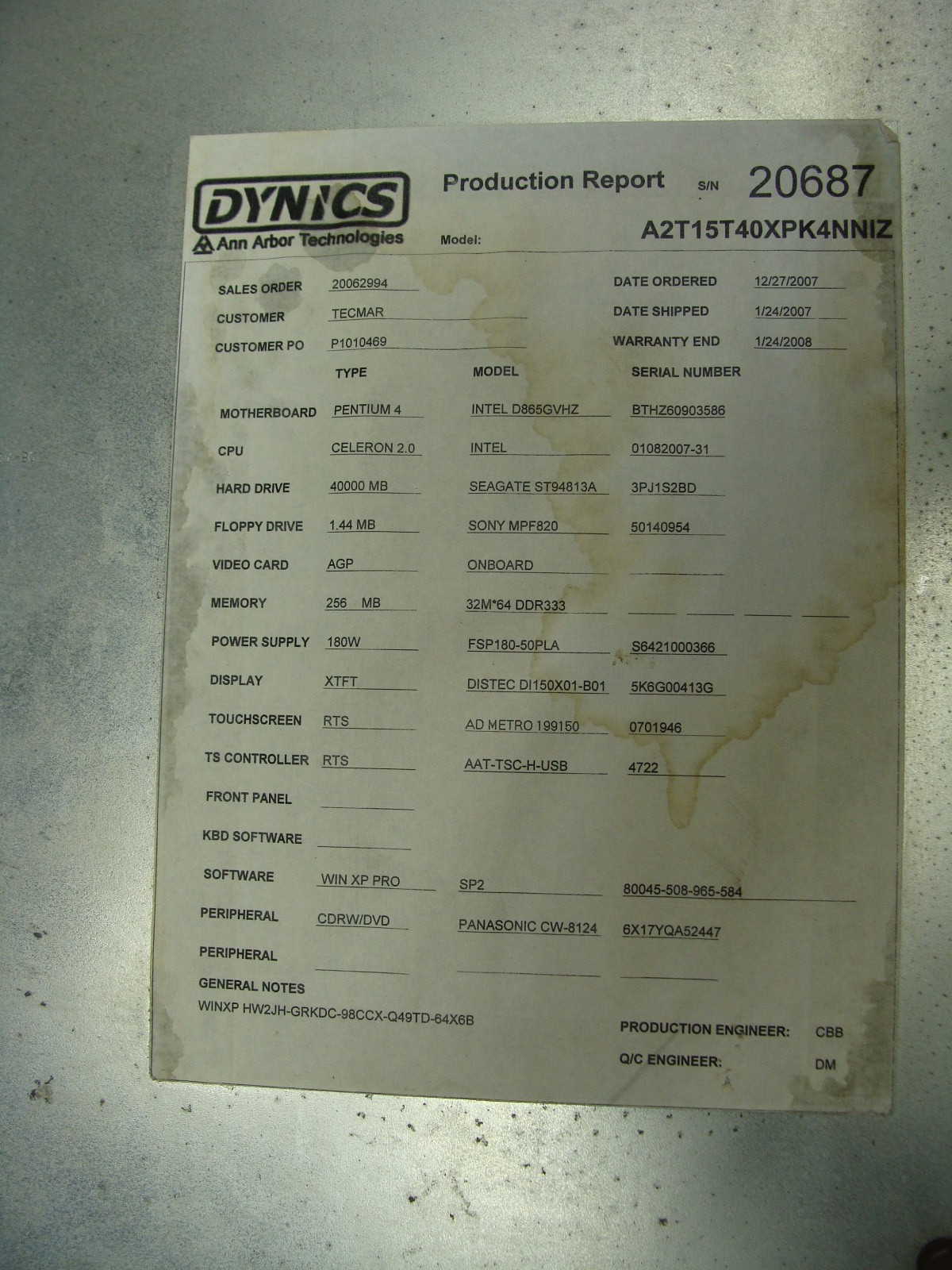 DYNICS INDUSTRIAL GRADE 15″ TFT XGA LCD MONITOR A2T15T40XPK4NNIZ 300W 3A
