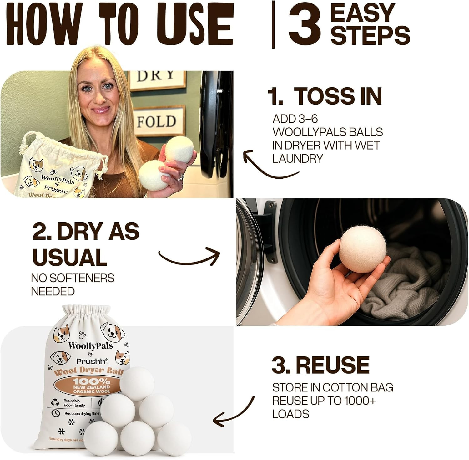 Woollypals Dryer Balls (6-Pack, XL Size) – 100% New Zealand Wool – No More Dryer