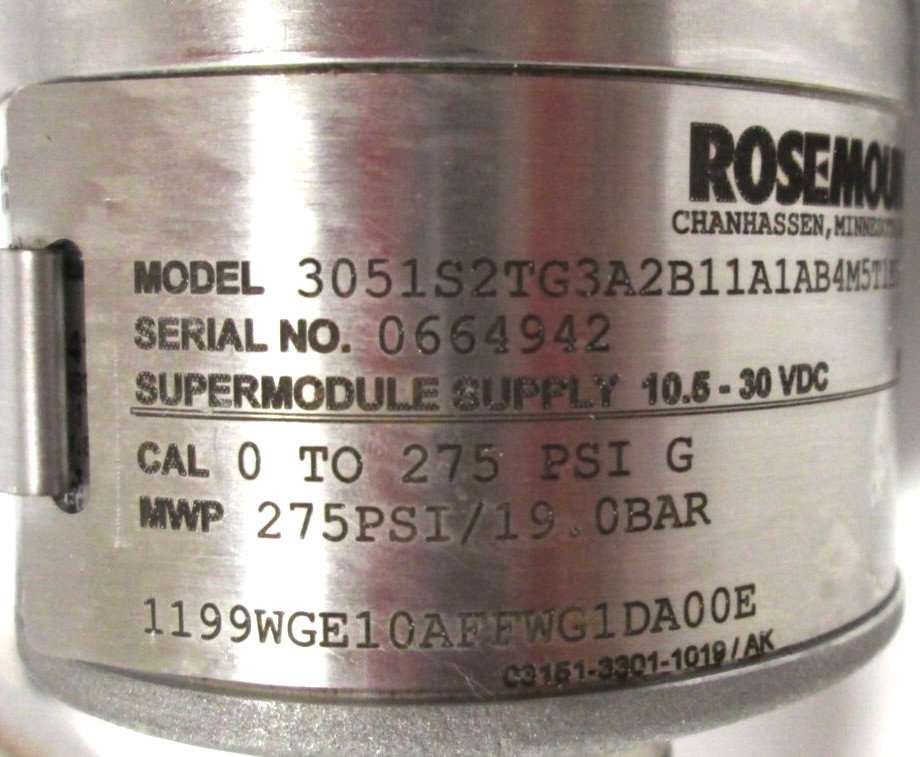 ROSEMOUNT TRANSMITTER, 3051S2TG3A2B11A1AB4M5T1K5, W/ 2″ 150 316 SST FLANGES, WS