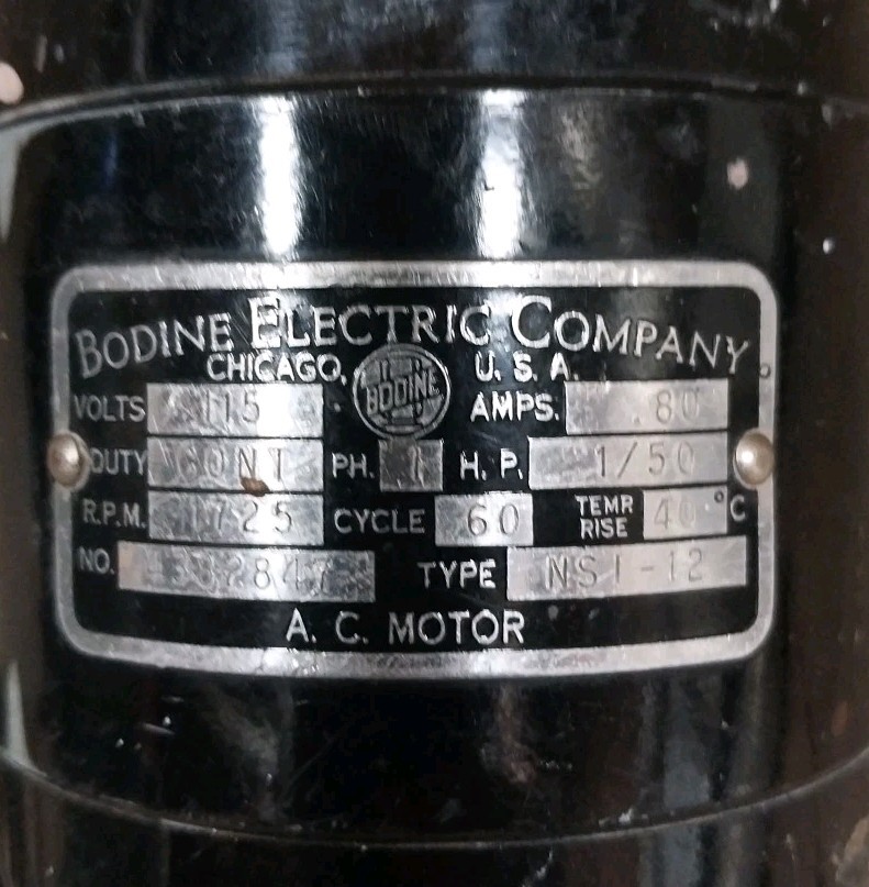 BODINE ELECTRIC COMPANY Motor, NSI-12 115AC 1/50HP 1725 RPM – Made in USA