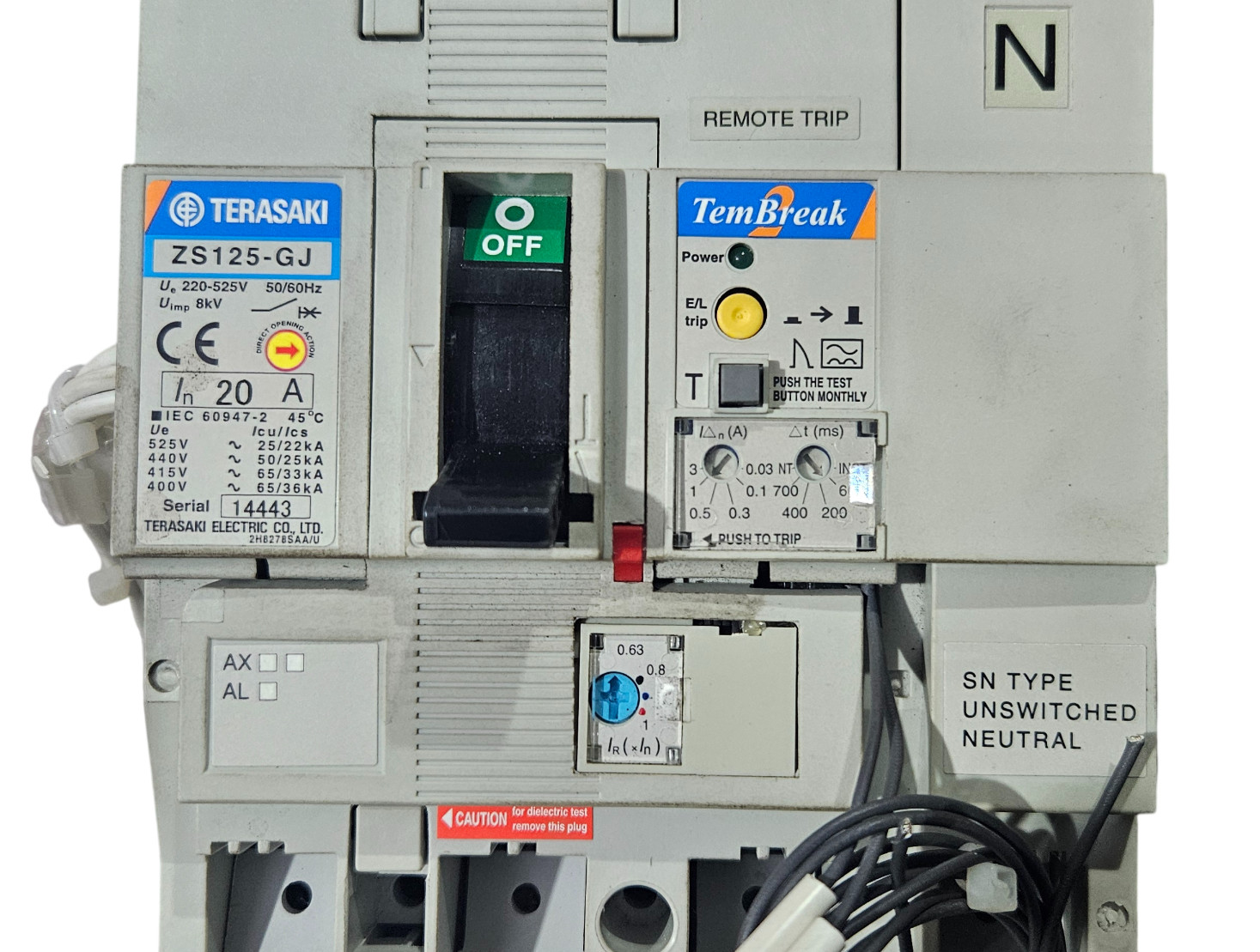 TERASAKI TemBreak ZS125-GJ 20A 4 Pole Circuit Breaker 8kA Rated 220-525V