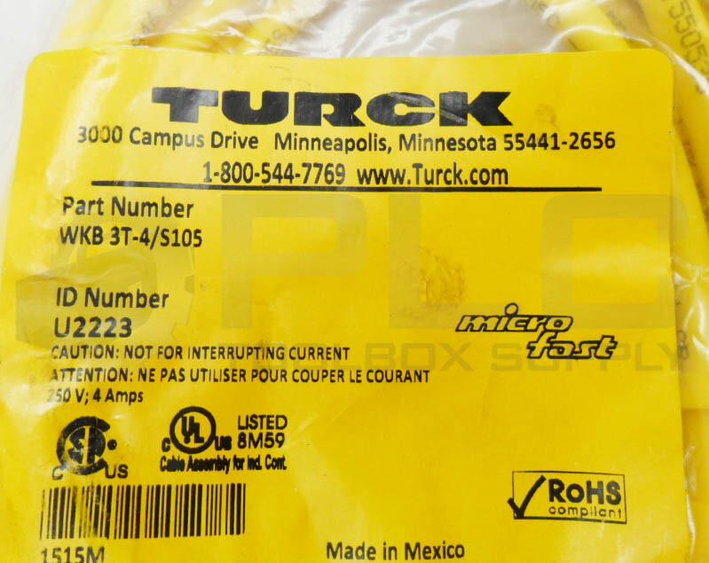 SEALED NEW TURCK WKB 3T-4/S105 CORDSET CABLE ASSEMBLY 250V 4A 4M U2223