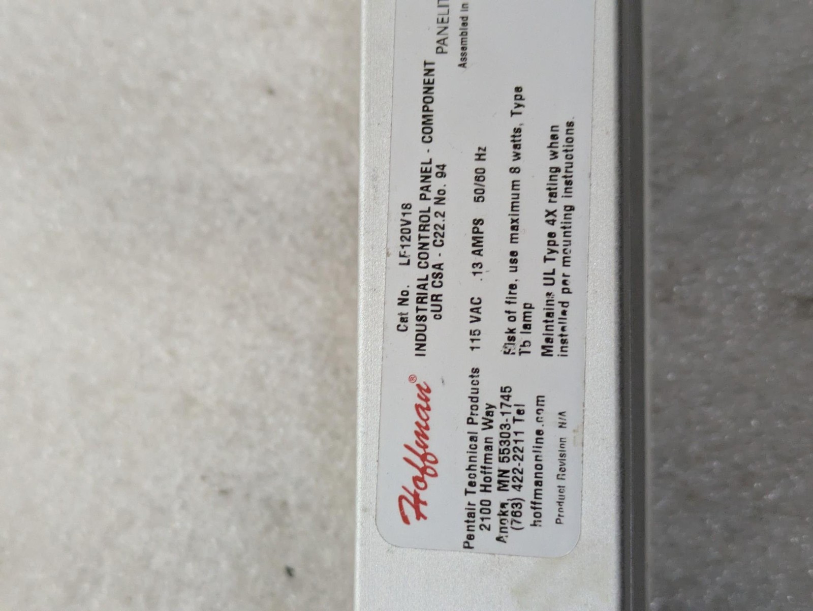 Hoffman LF120V18 Industrial Control Panel Light 115VAC 0.13A 50/60Hz 8W