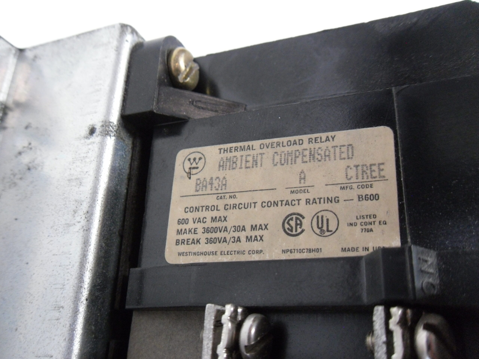 WESTINGHOUSE A200M4CAC MOTOR CONTROL W/ 5250C79G01 COIL W/ BA43A /A RELAY