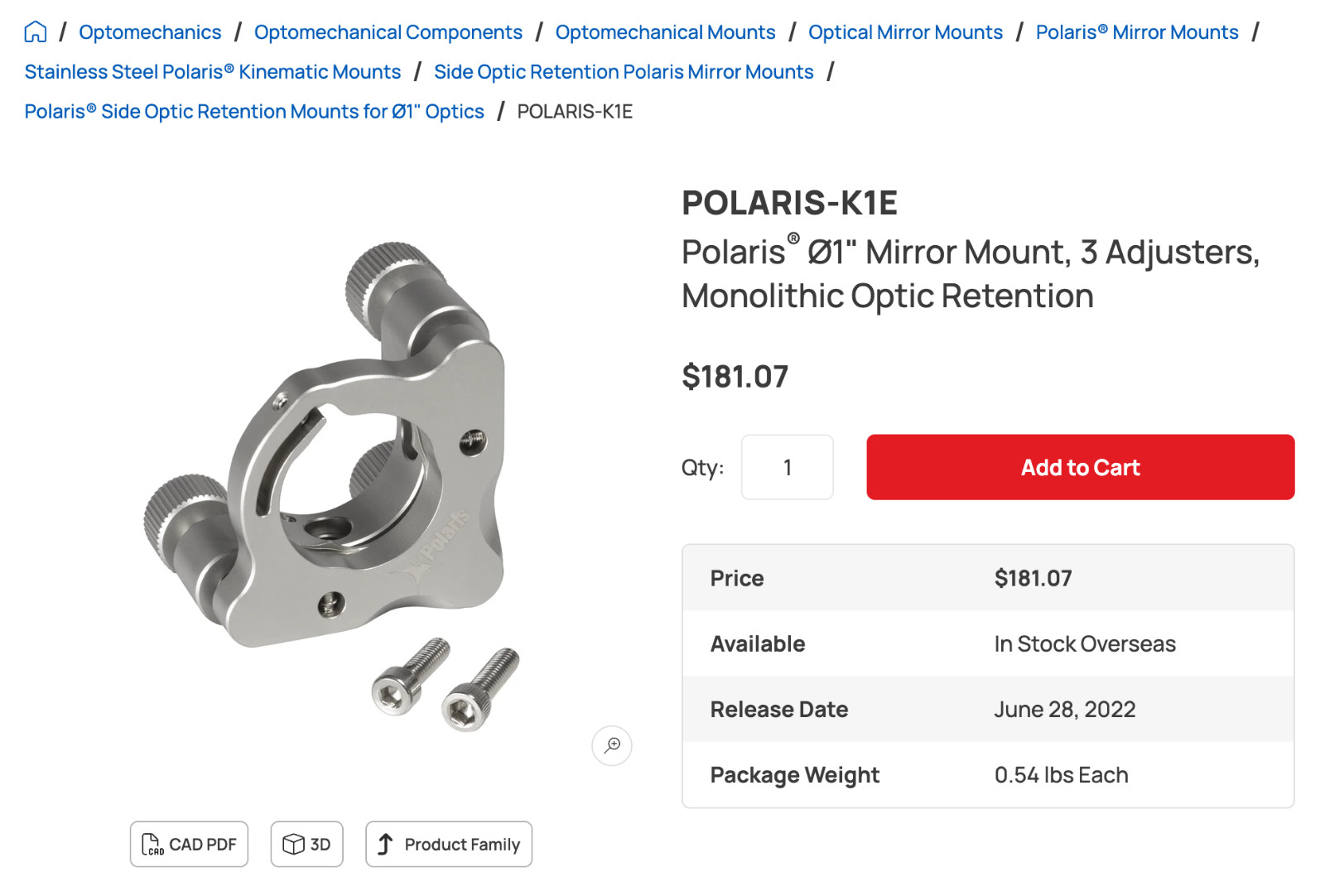 Thorlabs Polaris 1″ 3 adj mount POLARIS-K1E