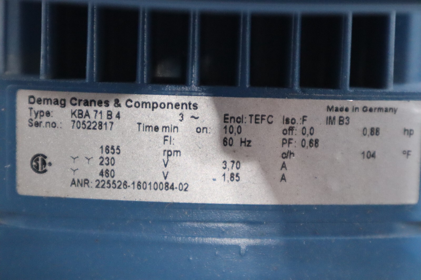NEW DEMAG CRANES & COMPONENTS KBA71B4/ KBA 71 B 4 460V 1.85A STOCK H888