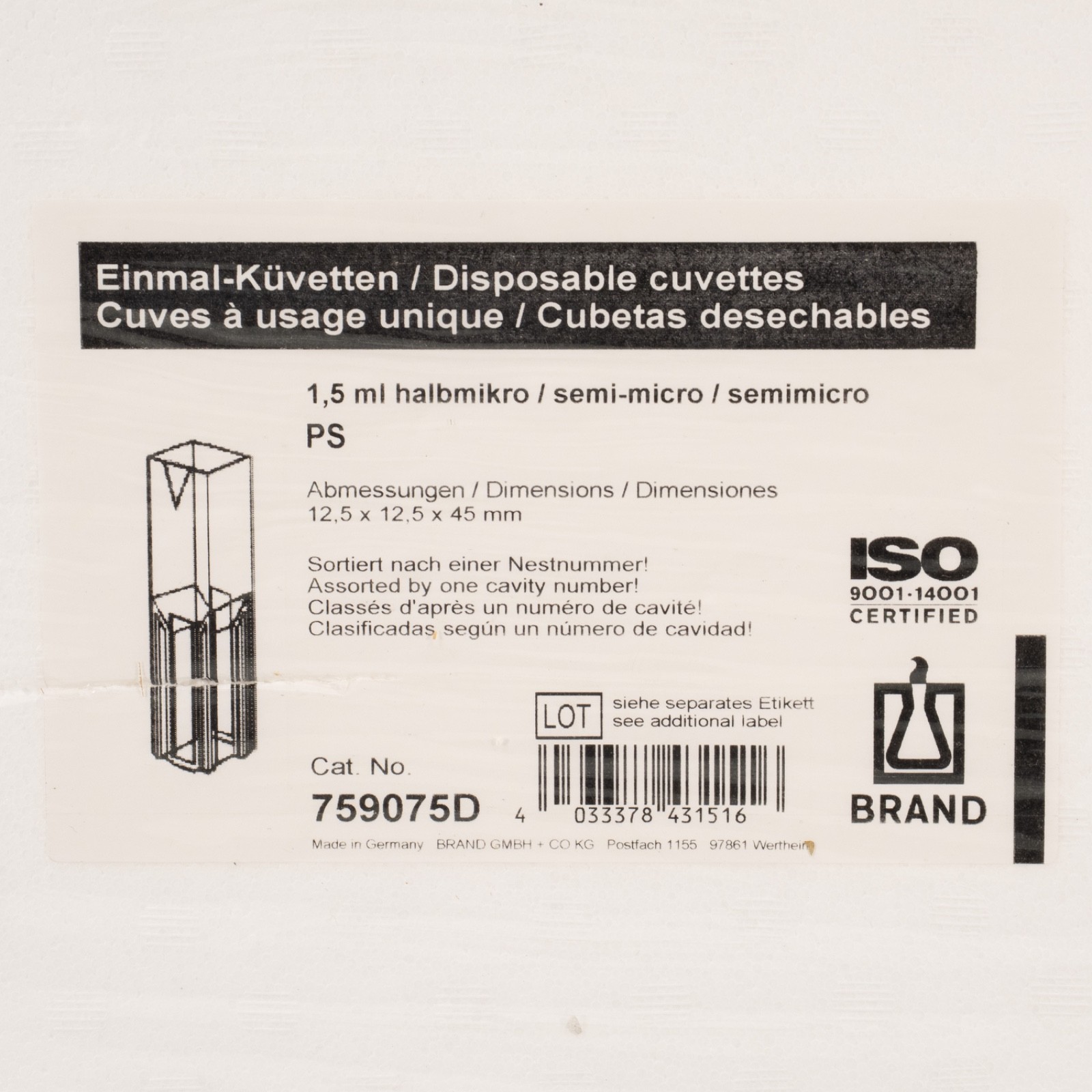 395 TOTAL 759075D / Sigma Aldrich C5416 Spectrophotometer Cuvettes 1.5 mL