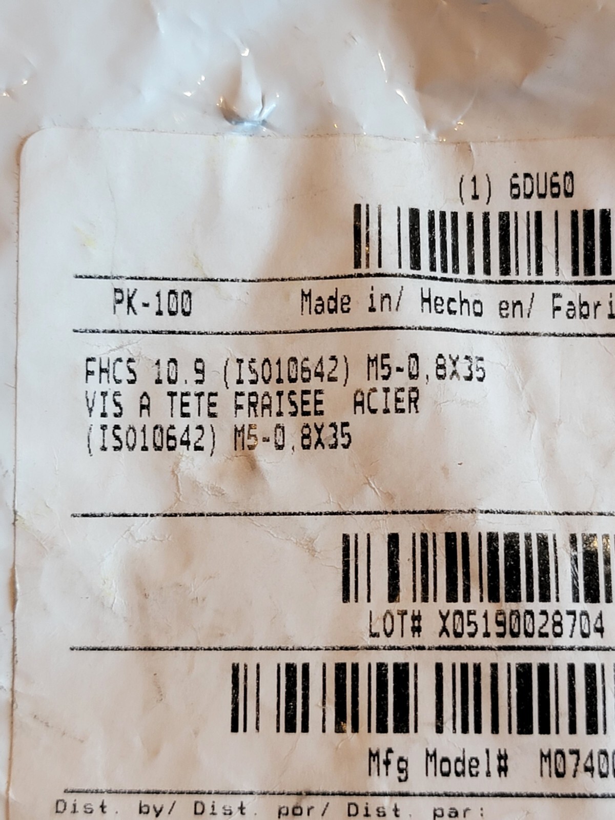 GRAINGER APPROVED M07400.050.0035 ScktFltHdScrw,Steel,M5-0.8,35mm L,PK100 6DU60