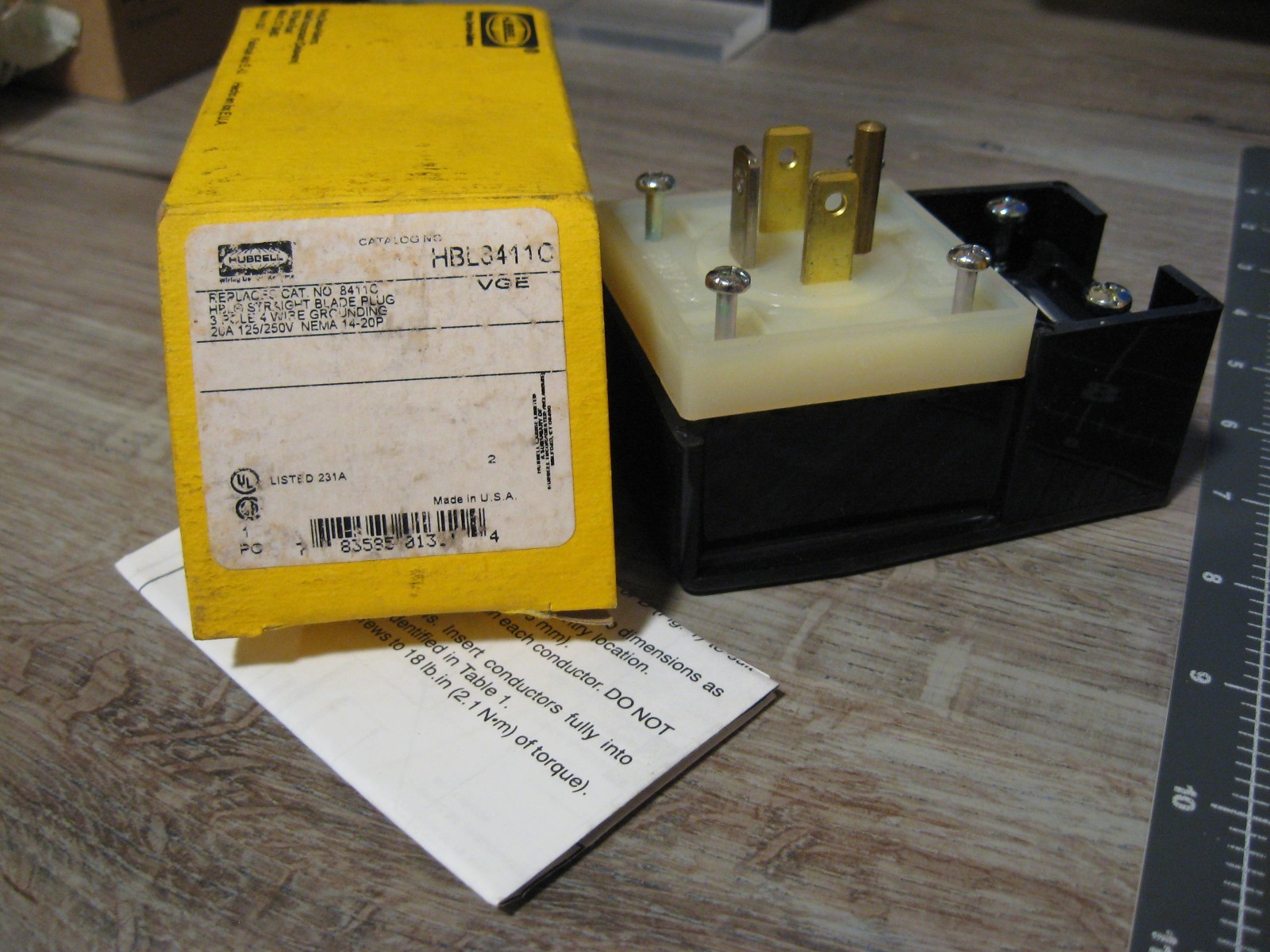 NEW Hubbell HBL8411C 4 Wire Industrial Straight Blade Angle Plug – 20A 125/250V