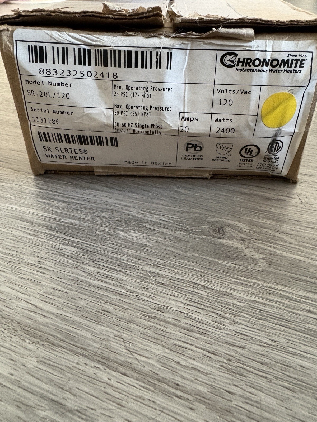 Chronomite SR-20L/120-I Tankless Water Heater 120VAC 20Amp SR Series NEW