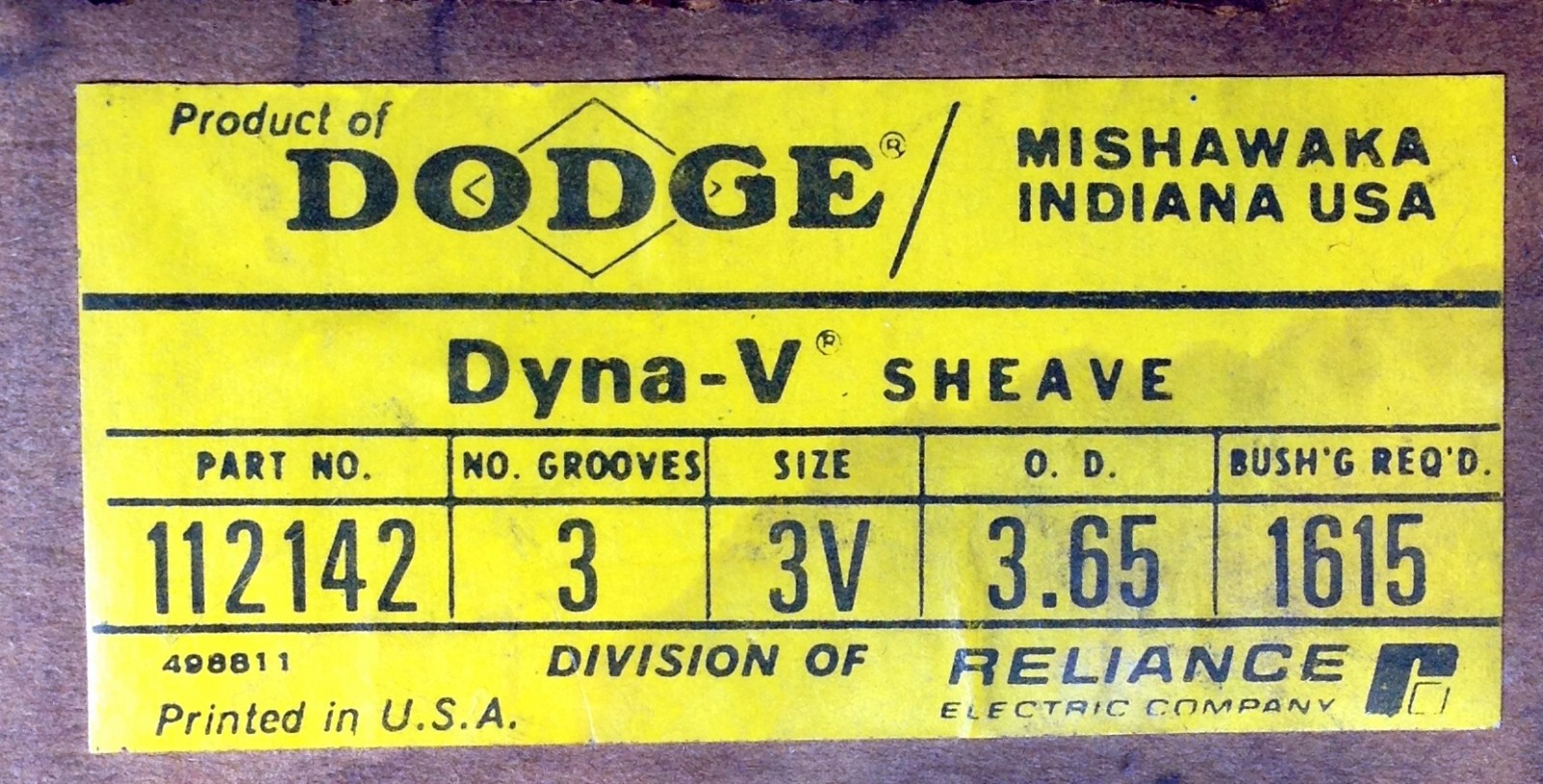 SHEAVE PULLEY DODGE 112142 SIZE 3V DYNA-V 3-GROOVE OD-3.65″
