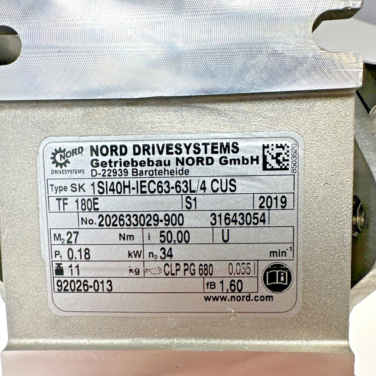 Nord SK1SI40H Worm Gear Reducer 50:1 IEC63 0.18kW 20mm Shaft