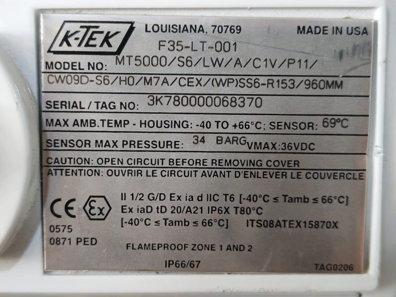 K-TEK MT5000/S6/LW/A/C1V/P11/CW09D-S6/H0/M7A/CEX/WP SS6-R153/960MM TRANSMITTER