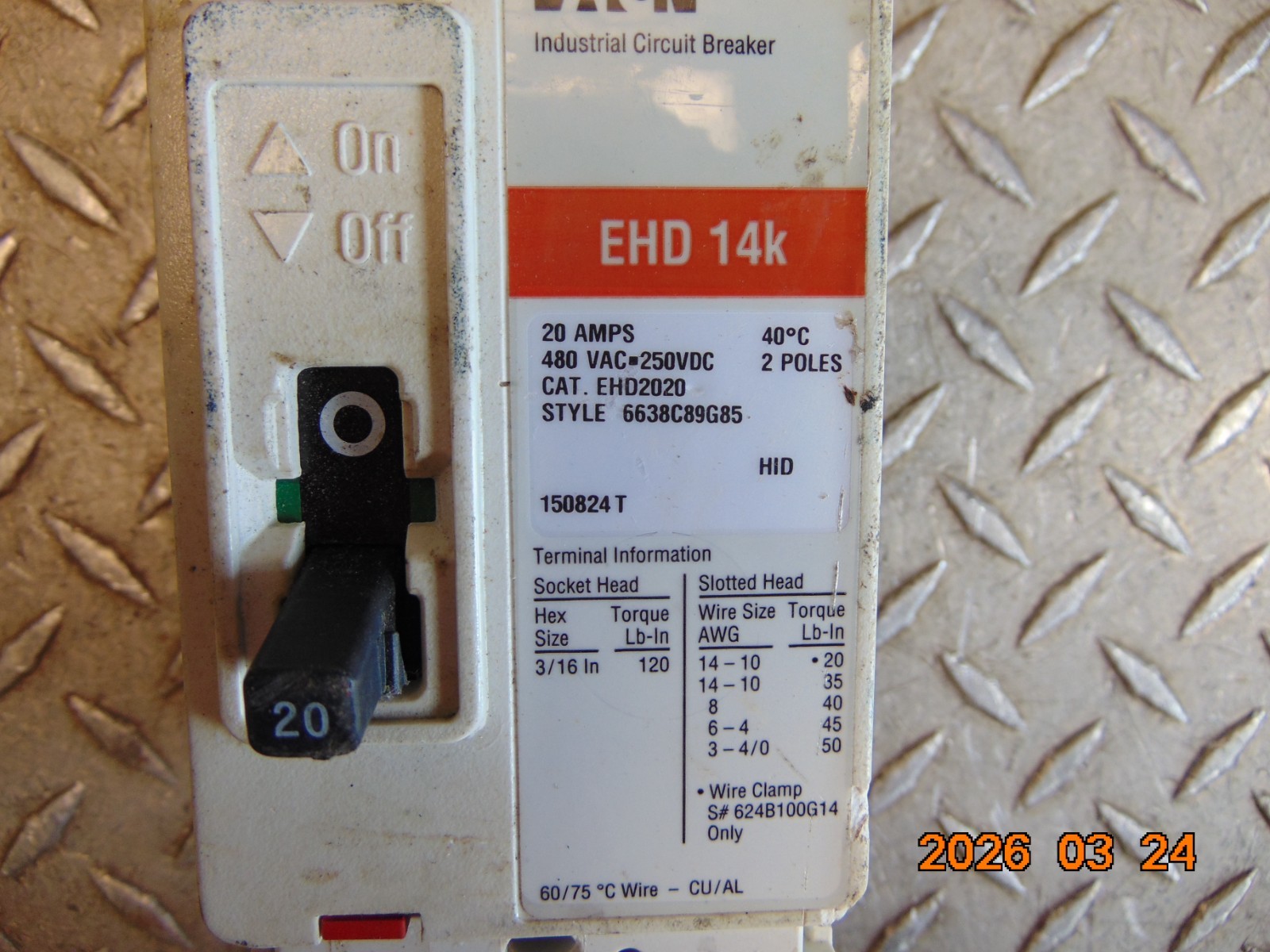 EATON EHD2020 20A 20 AMP 2-POLE CIRCUIT BREAKER 480VAC 250VDC