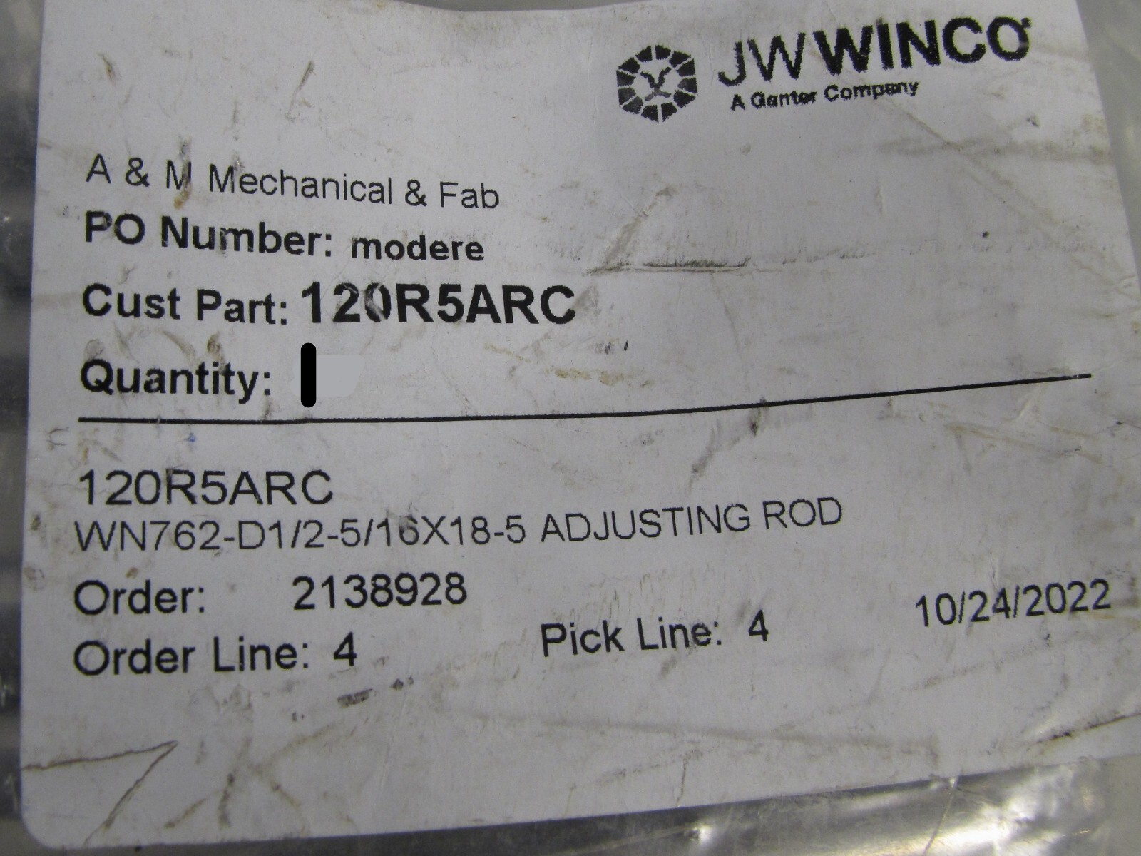 JW Winco 120R5ARC Adjusting Rod WN762-D1/2-5/16X18-5 NEW