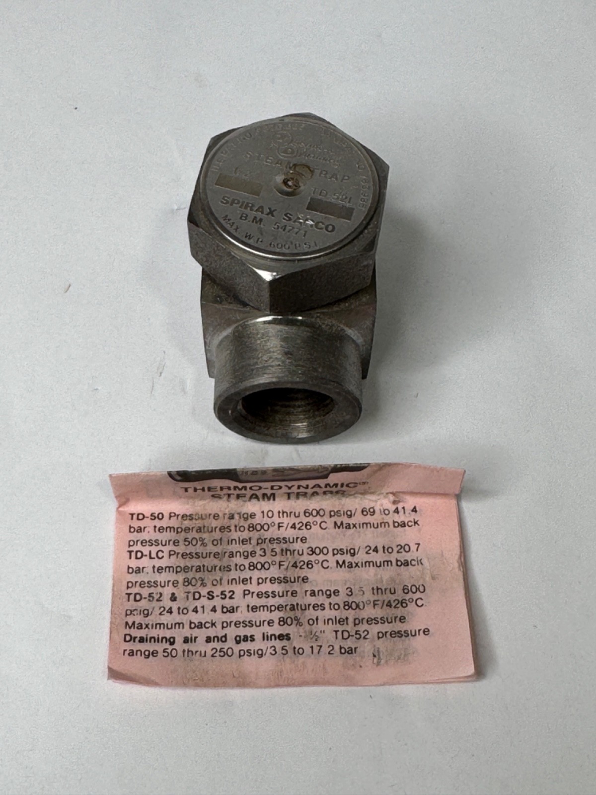 Spirax Sarco 54771 TD52L Stainless Steel Steam Trap 1/2 Inch NPT