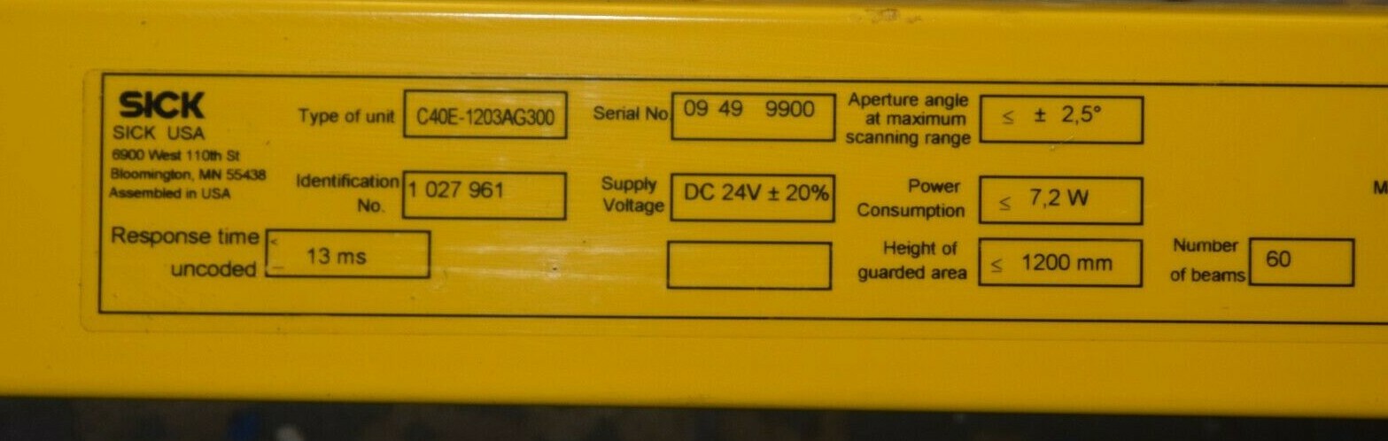 (New) SICK C40E-1203AG300 C4000 Series 1200mm 24Vdc Light Curtain Basic+