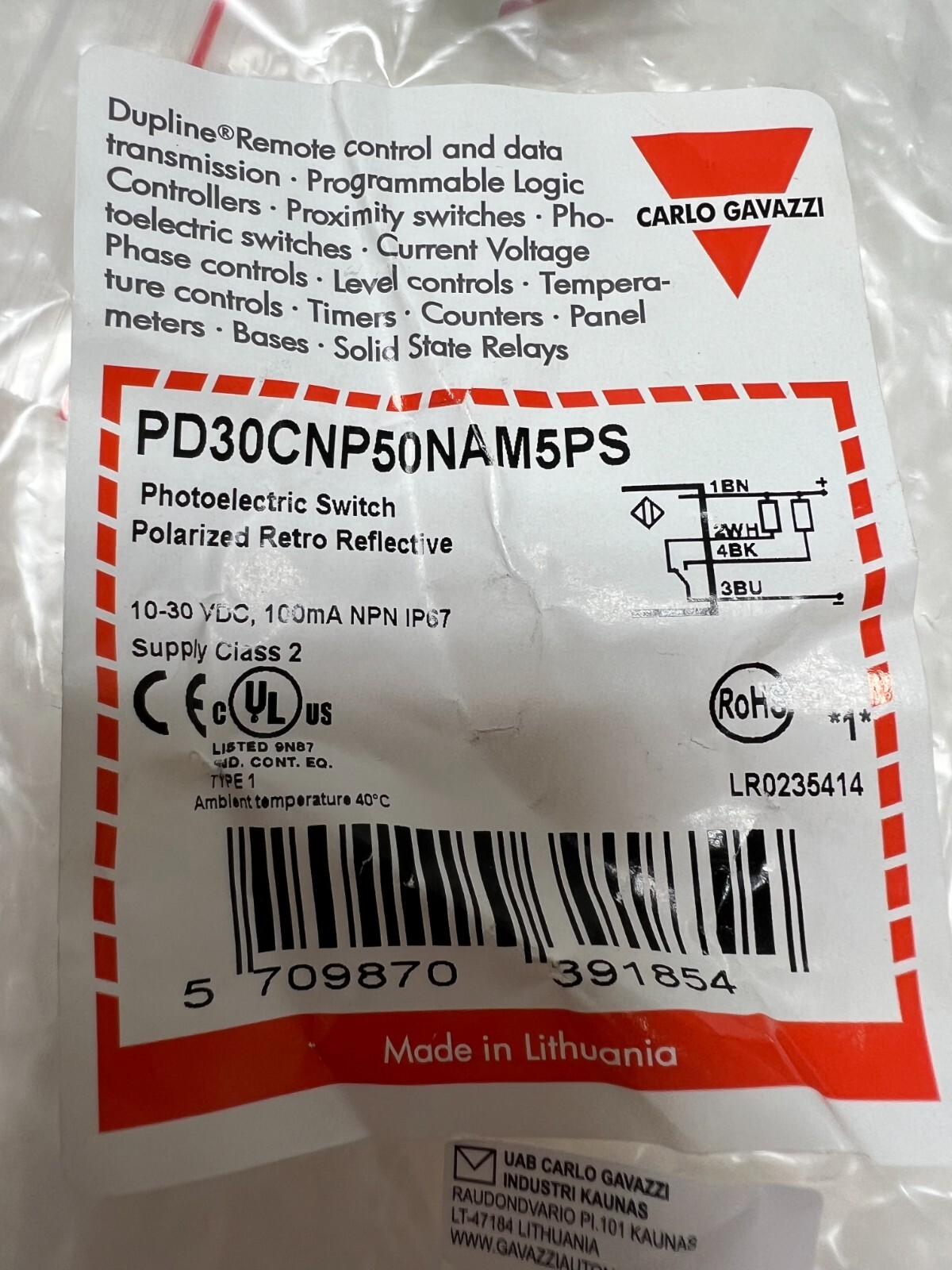 Carlo Gavazzi PD30CNP50NAM5PS Photoelectric Sensor Retro-Reflective NO/NC NPN…