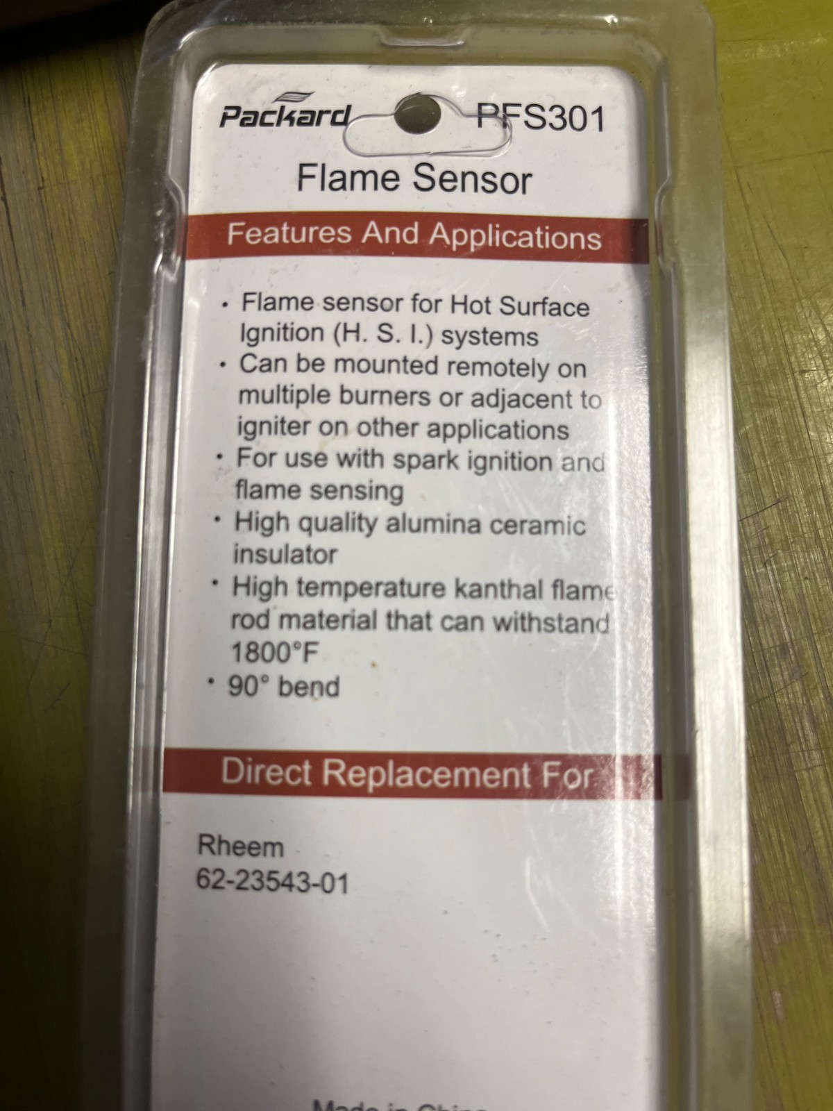 Packard PFS301 1/4 Male Quick Connection Flame Sensor with Ceramic Insulator