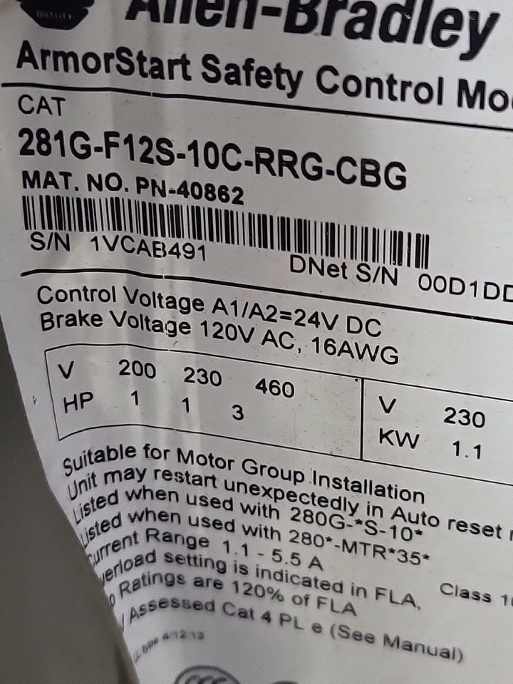 ALLEN BRADLEY 280G-FS-10-RG /C ARMORSTART MODULE W/ 281G-F12S-10C-RRG-CBG /C