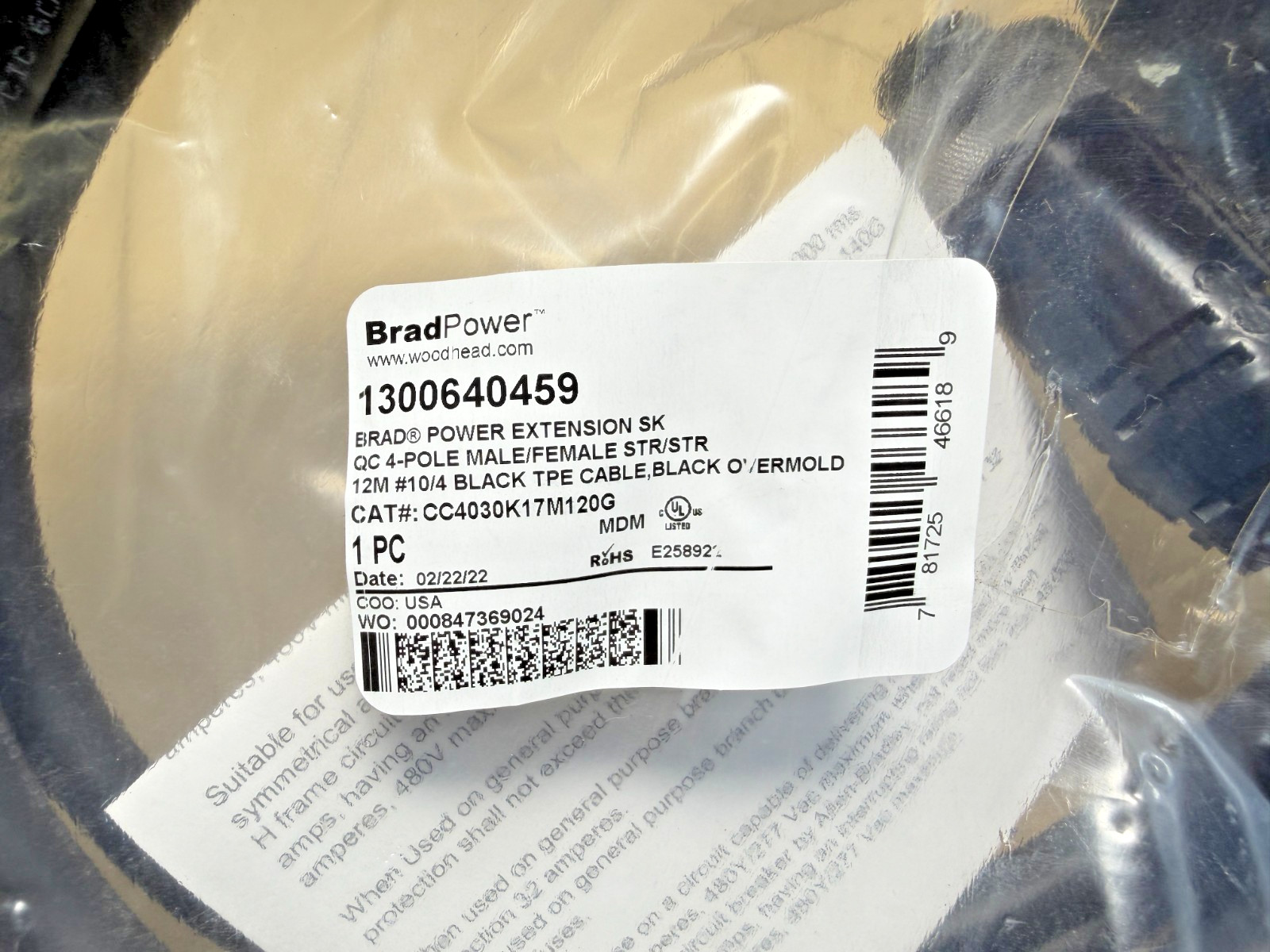 Woodhead CC4030K17M120G Brad Power SK QC 4-Pole Cable, 12M, 10/4 1300640459