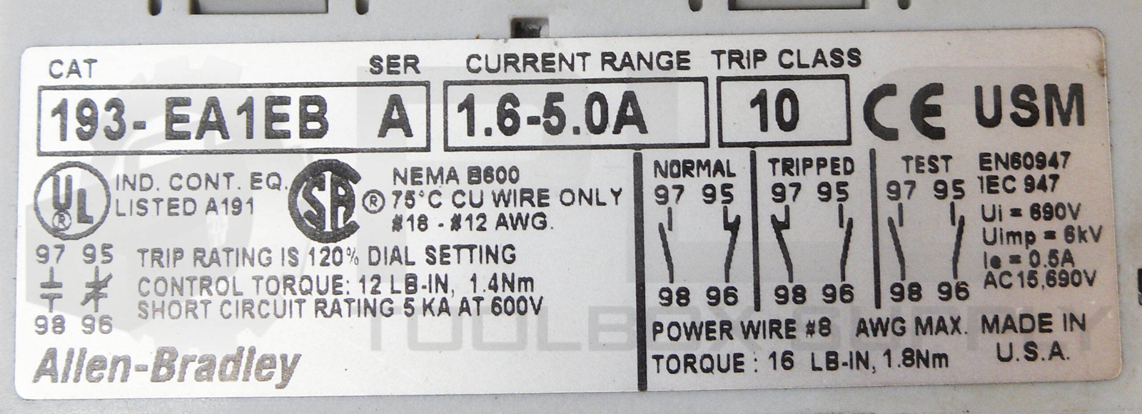 ALLEN BRADLEY 100-C09*10 /A CONTACTOR 600VAC 25A W/ 193-EA1EB /A OVERLOAD RELAY