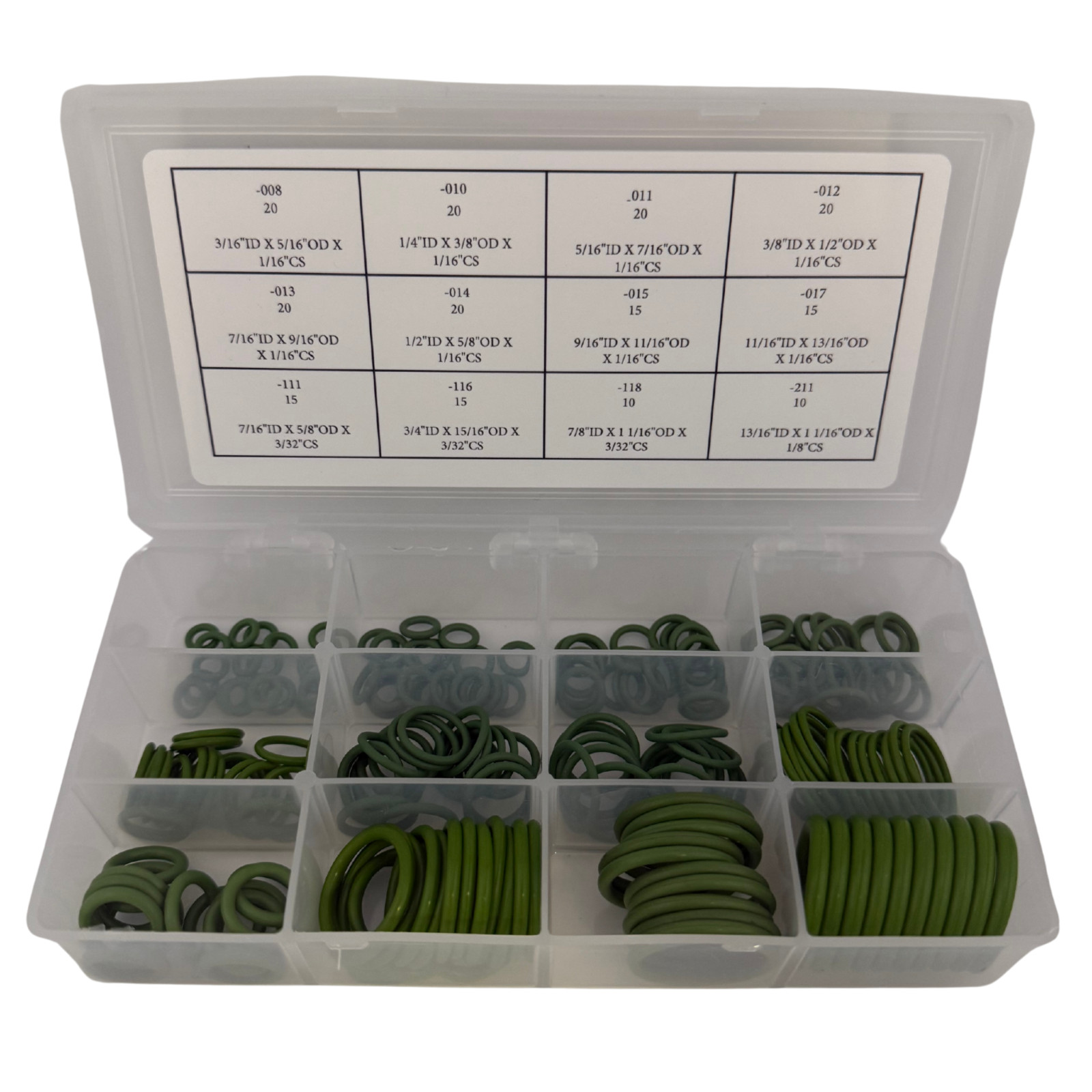 Automotive A/C O-Ring Kit, 200 Piece HNBR 70A Assortment, 12 AS568 Sizes, Green