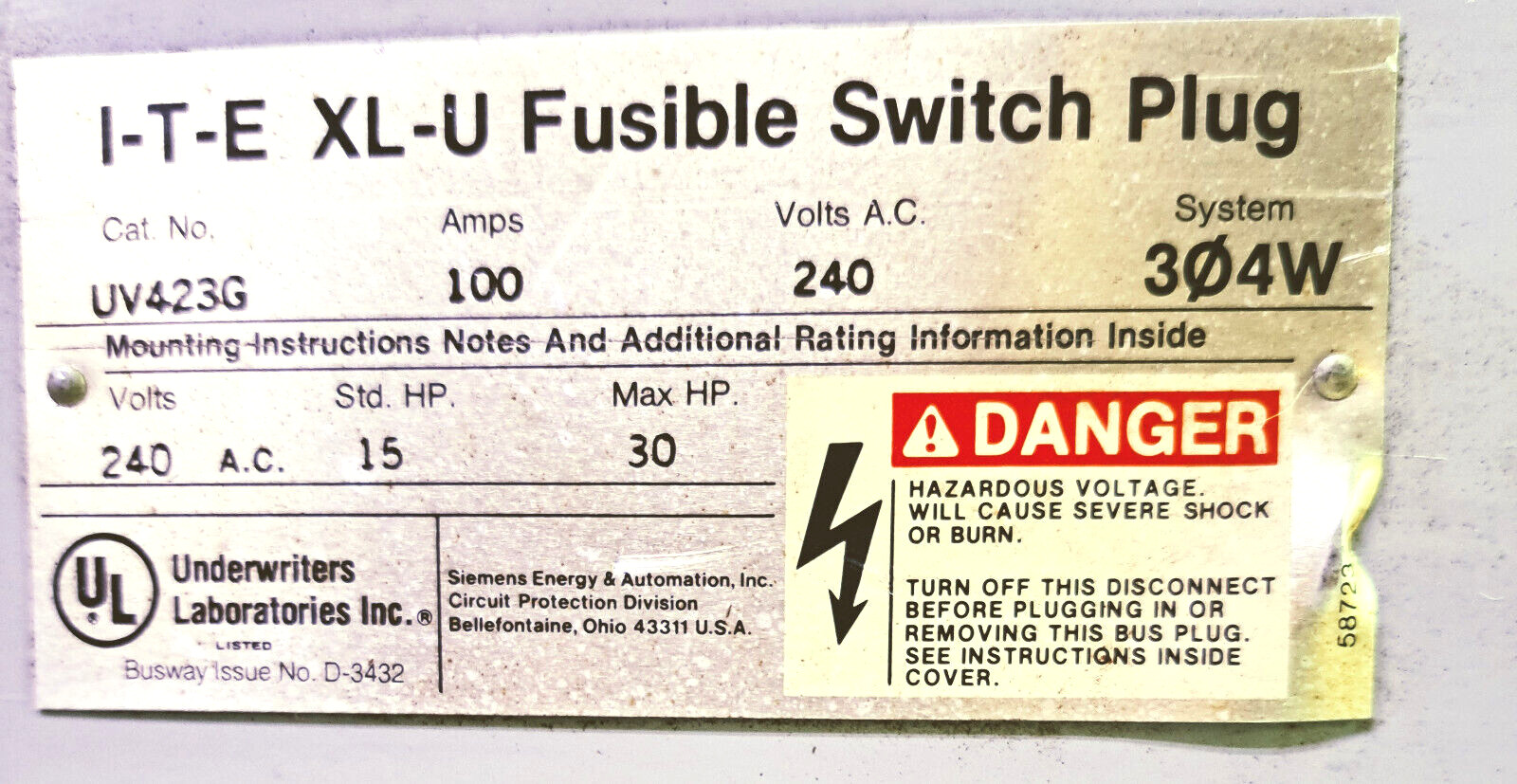 1 USED ITE XL-U UV423G FUSIBLE BUSWAY SWITCH BUS PLUG ***MAKE OFFER***