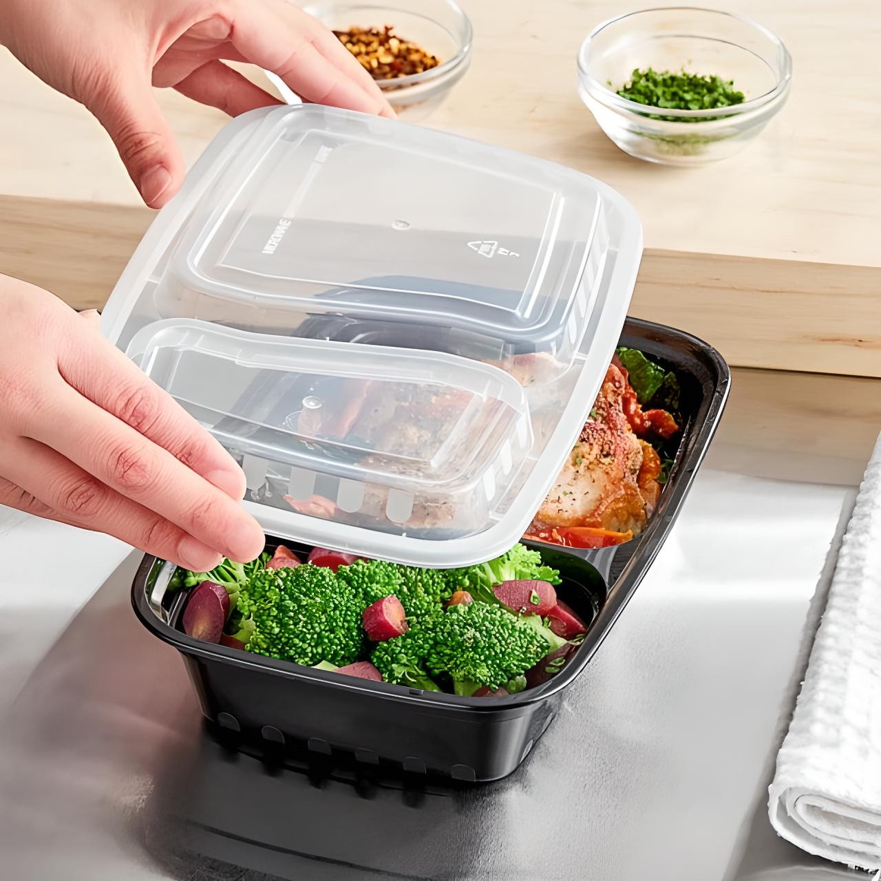 OCS Parts 150-Pack 30 OZ 2-Compartment Microwavable Black Food Prep Containers