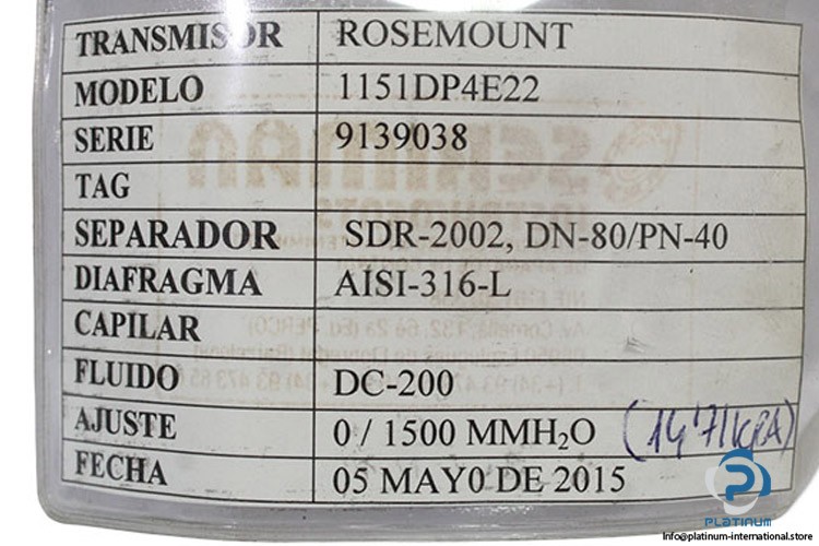 ROSEMOUNT 1151DP4E22 PRESSURE TRANSMITTER_0/1500 MMH2O_AISI-316-L_140 bar max
