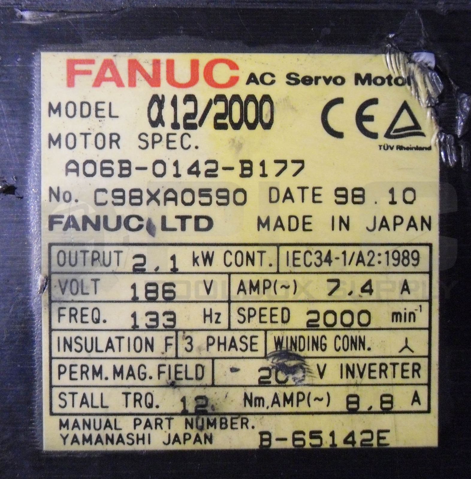 FANUC A06B-0142-B177 AC SERVO MOTOR 186V 7.4A 133HZ 3PH A12/2000