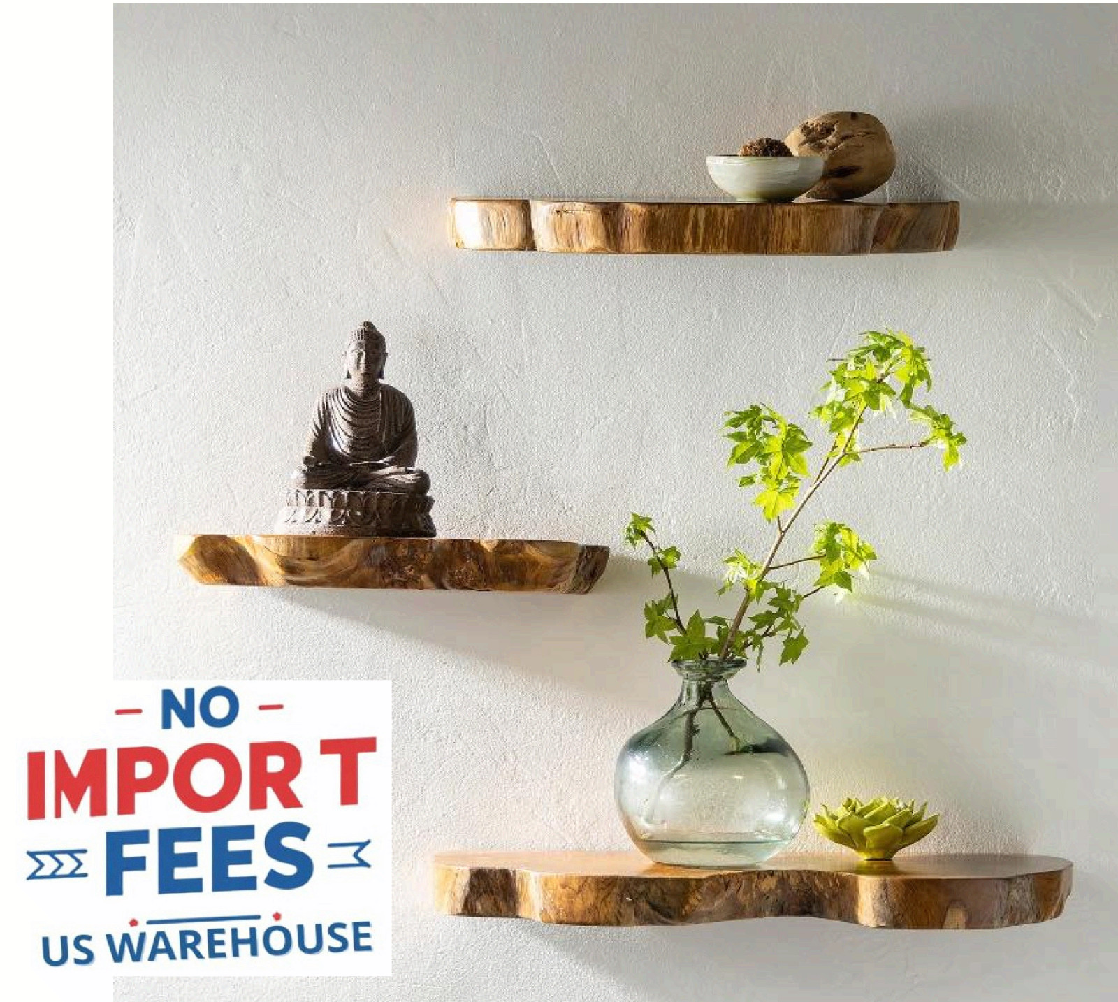 Set of 3 Live Edge Teak Floating Shelves Rustic Natural Wood Wall Decor Display