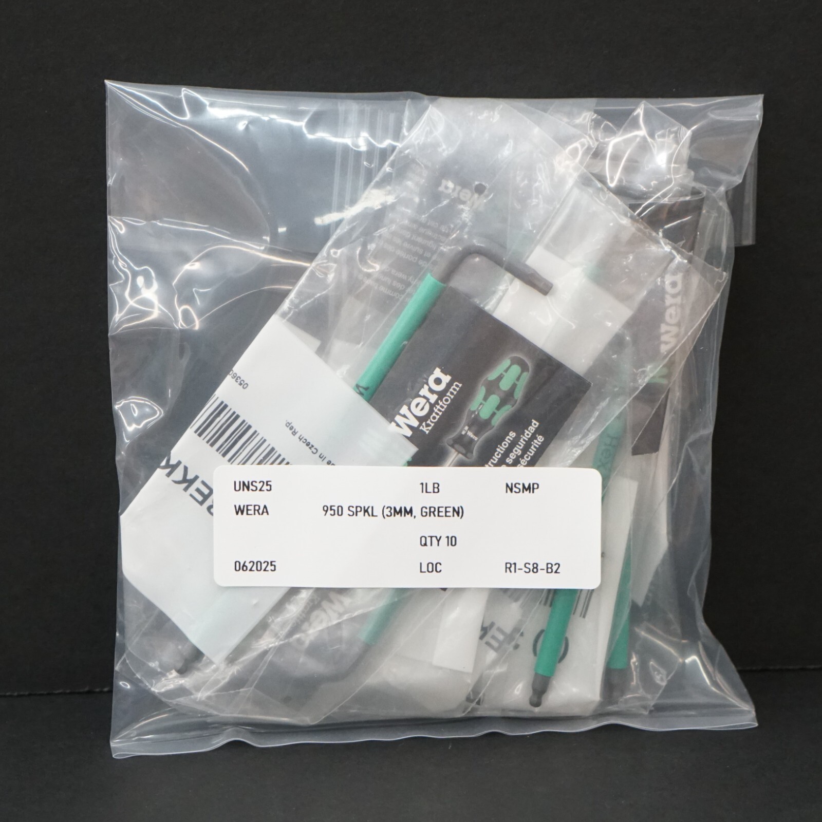 Wera 950 SPKL Ball End Hex Key, 3mm L-Key, Green (QTY 10)