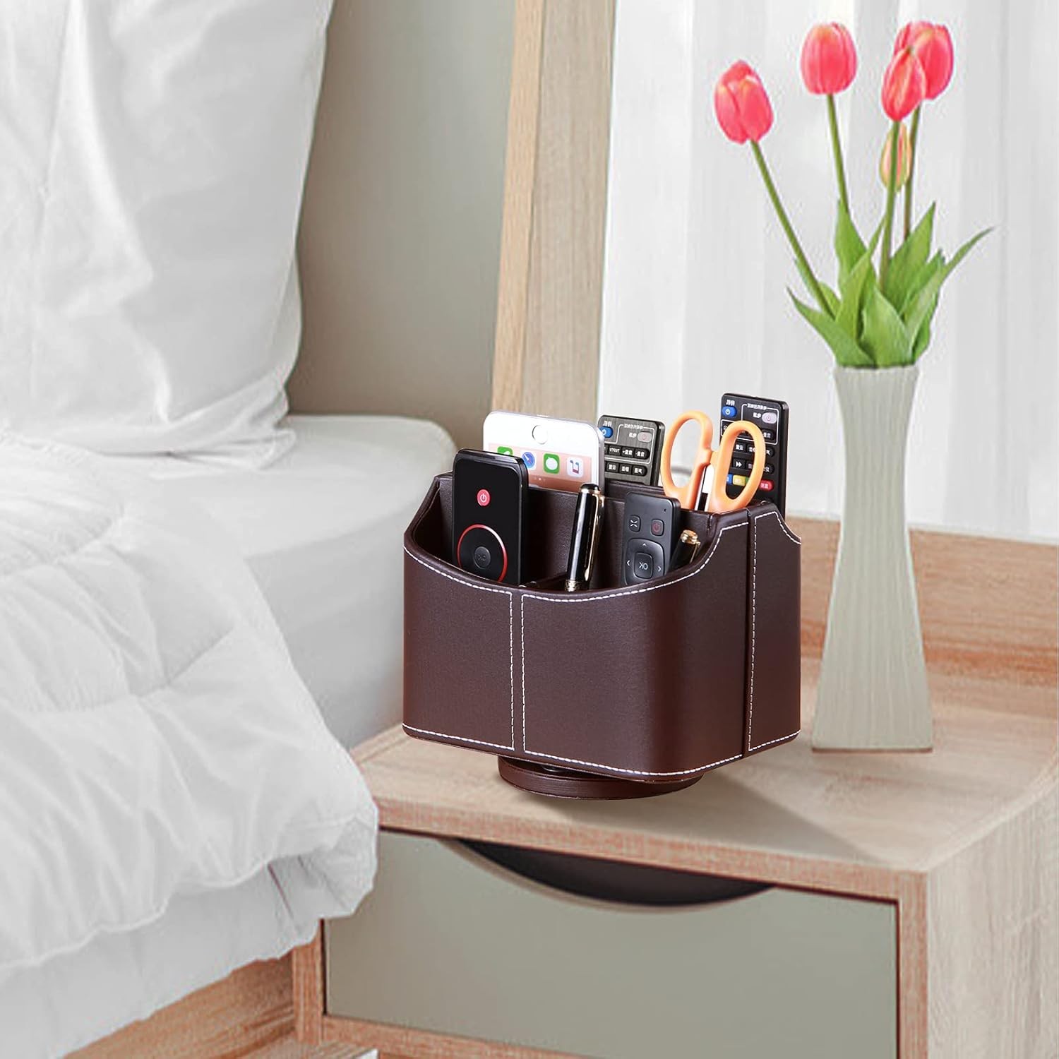 YAPISHI Leather Remote Control Holder, 360 Degree Spinning Desk TV 3# Brown