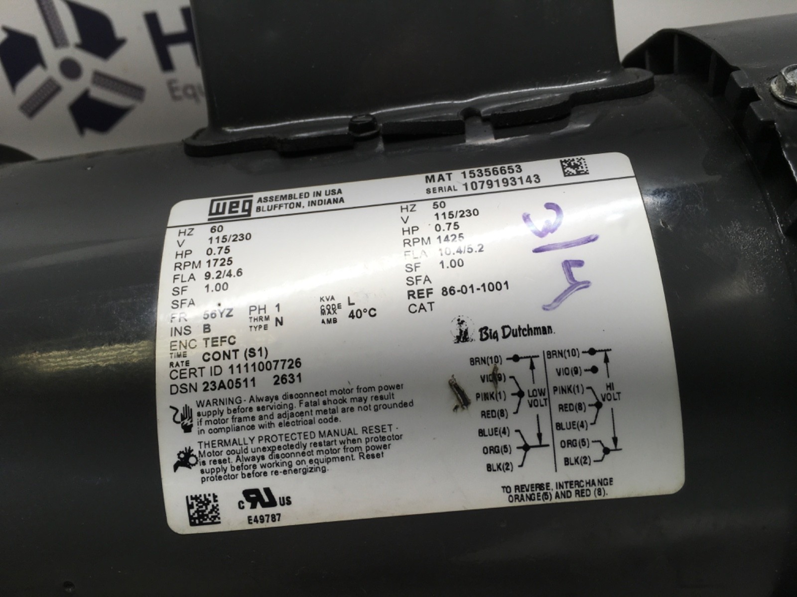 WEG .75hp Electric Motor, 1ph, 1725rpm, Toledo GearMotor M164-GE, NOS, (SC-3)