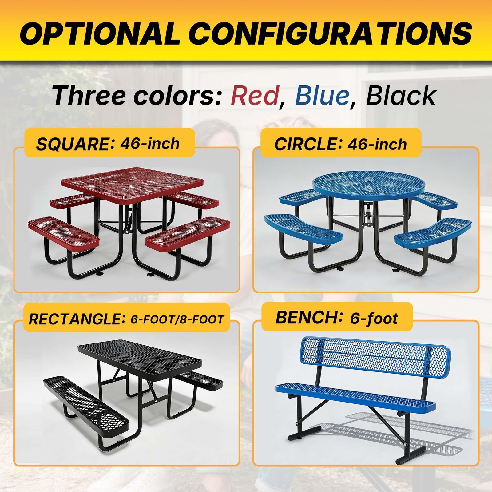 LAUCO Square Picnic Table, Expanded Metal, Black Thermoplastic Coating 1000 lb