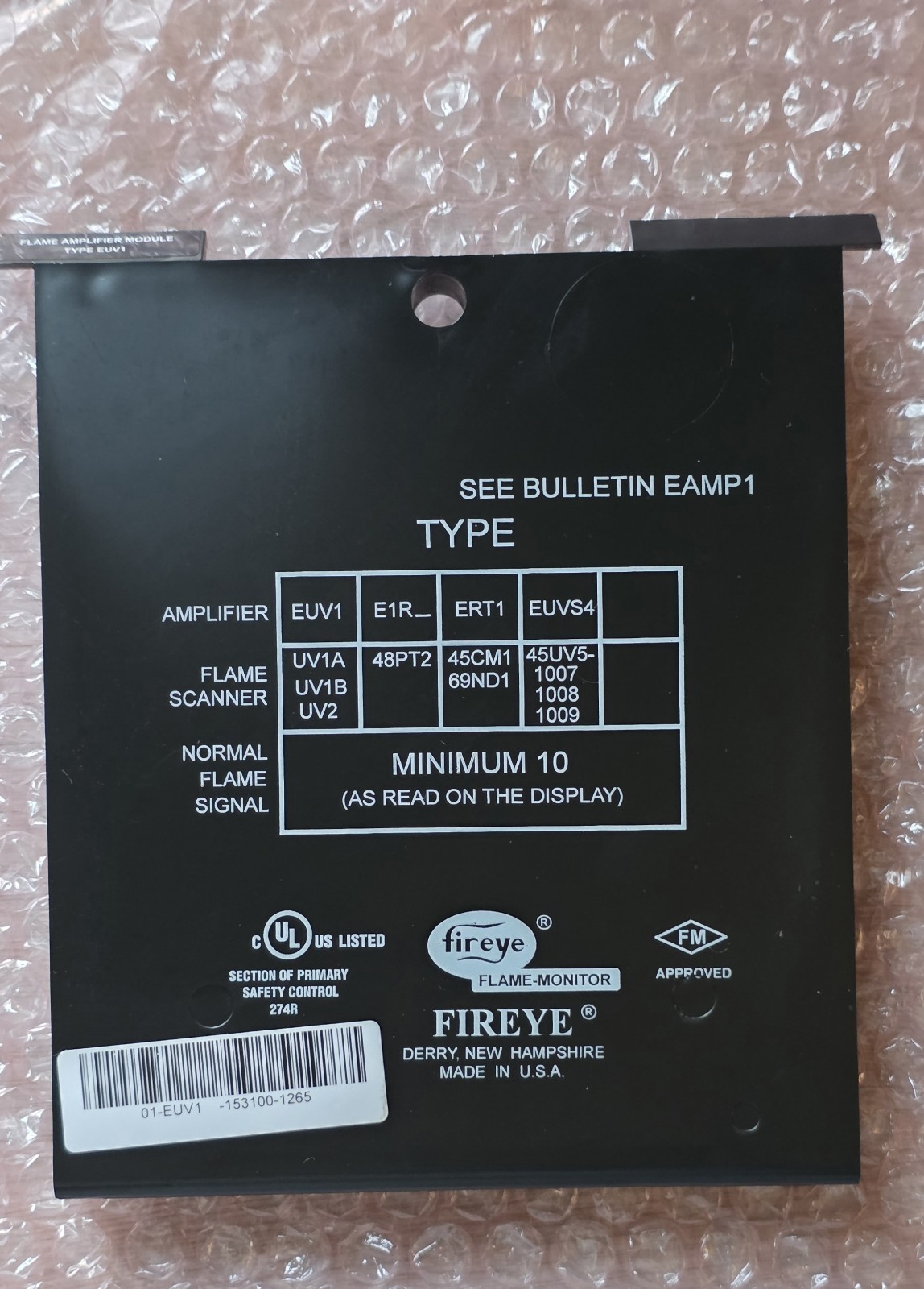FIREYE EUV1 ULTRAVIOLET FLAME AMPLIFIER New EUV1